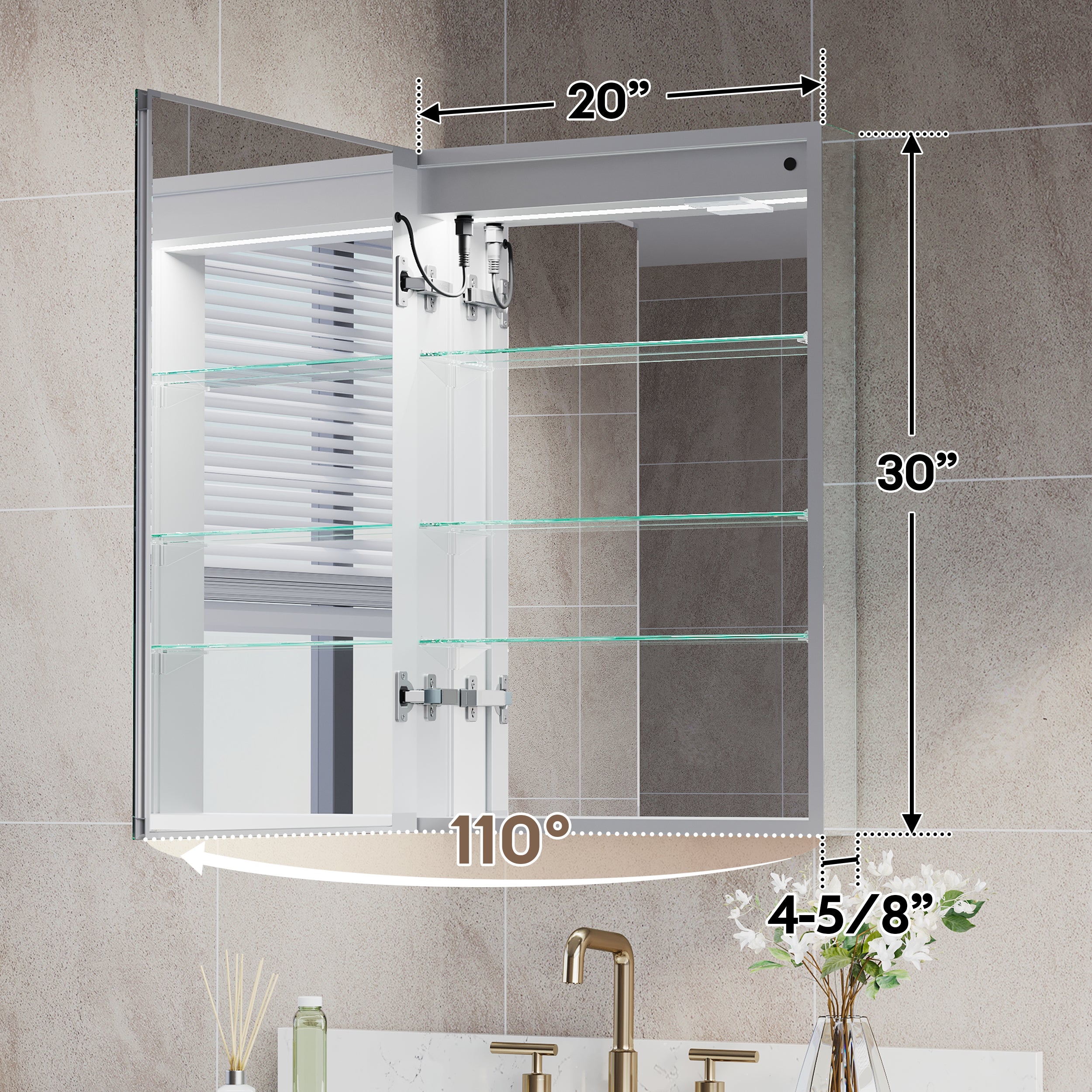 20 in. x 30 in. LED Lighted Surface/Recessed Mount Silver Mirrored Medicine Cabinet with Outlet left Side