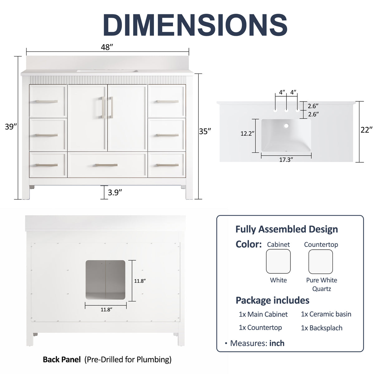 48 Inch Freestanding Solid Wood Bathroom Vanity with Fluted Molding, Pure White Quartz Countertop, White