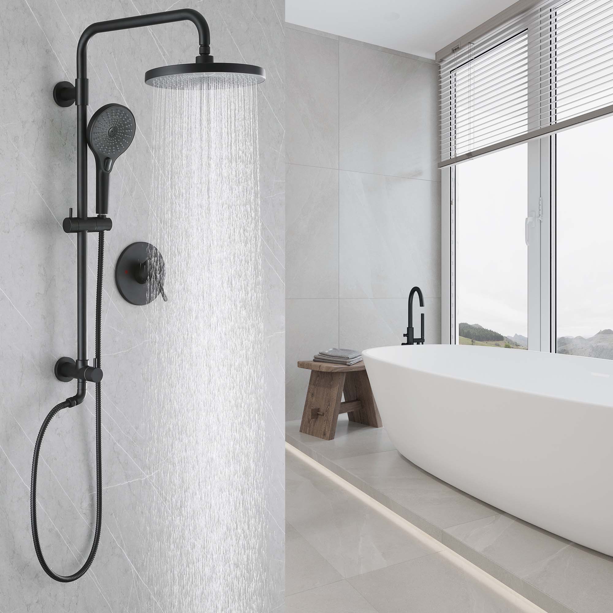 Wall Mounted Multifunctional Complete Shower System with Drain Valve in Matte Black