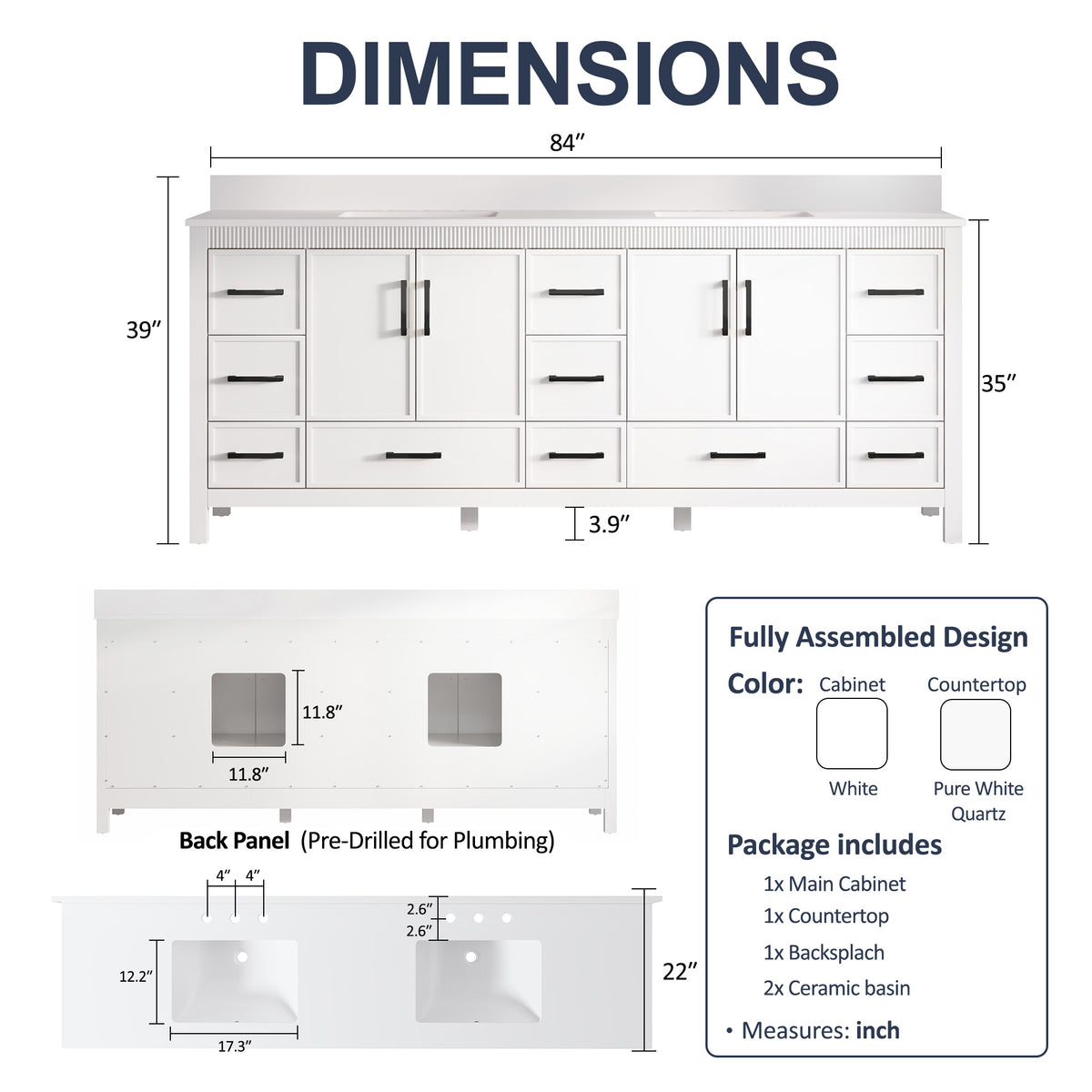 84 Inch Freestanding Solid Wood Bathroom Vanity with Pure White Quartz Countertop, 4 Soft-Close Doors & 11 Dovetail Drawers, White