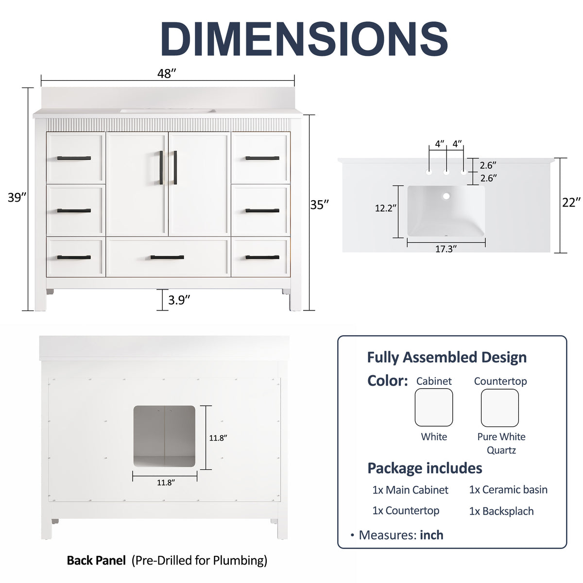 48 Inch Freestanding Solid Wood Bathroom Vanity with Fluted Molding, Pure White Quartz Countertop, White