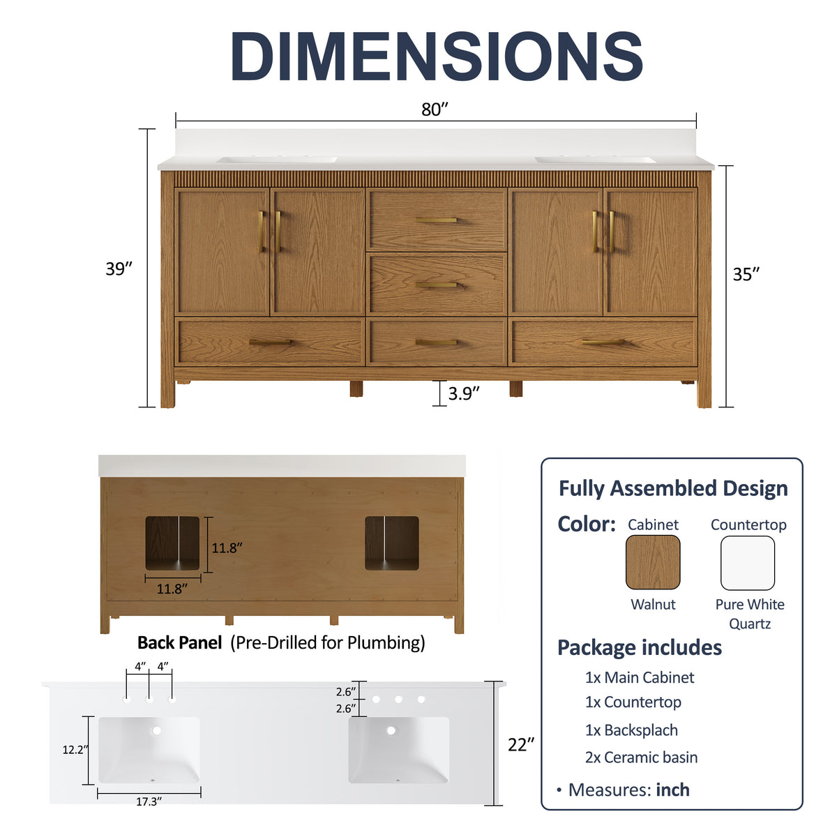 80 Inch Freestanding Solid Wood Bathroom Vanity with Pure White Quartz Countertop, 4 Soft-Close Doors & 5 Dovetail Drawers, Walnut