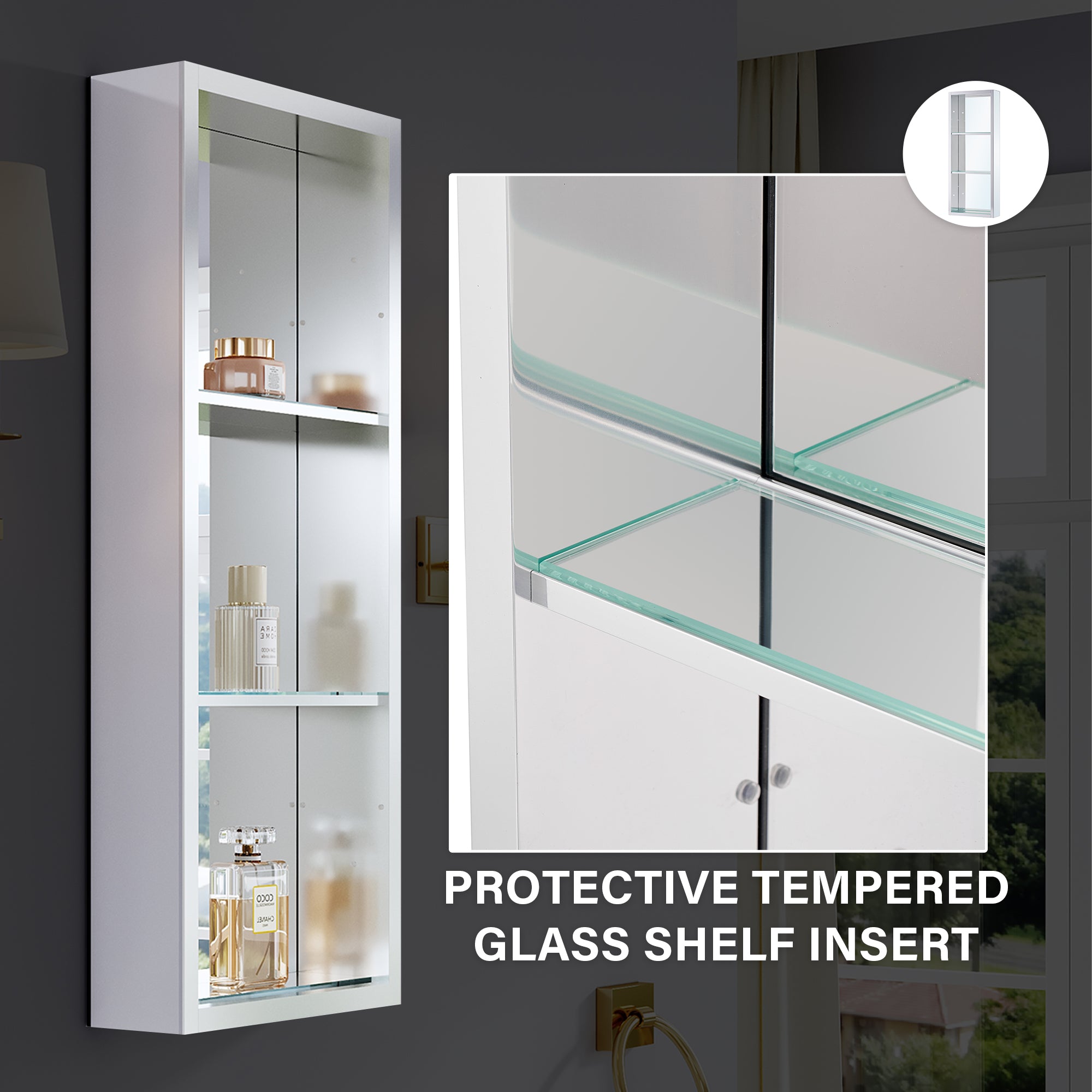 12 in.×30 in. Recessed/Surface Mount Aluminum Medicine Cabinet with Open Shelves and 3 PCS Tempered Glass