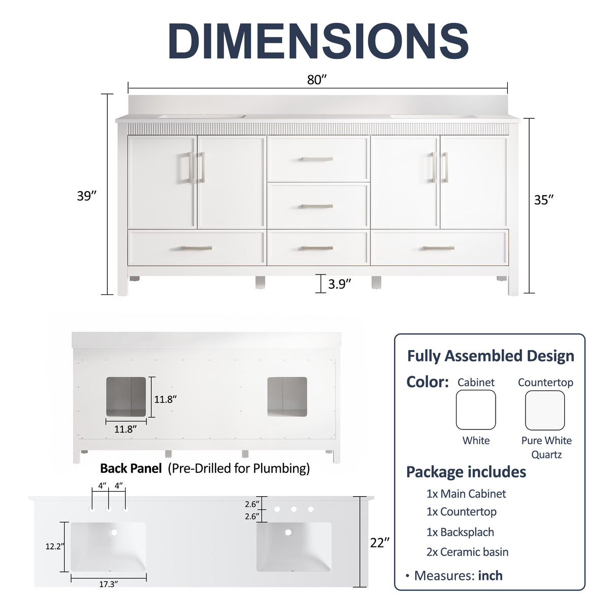 80 Inch Freestanding Solid Wood Bathroom Vanity with Pure White Quartz Countertop, 4 Soft-Close Doors & 5 Dovetail Drawers, White