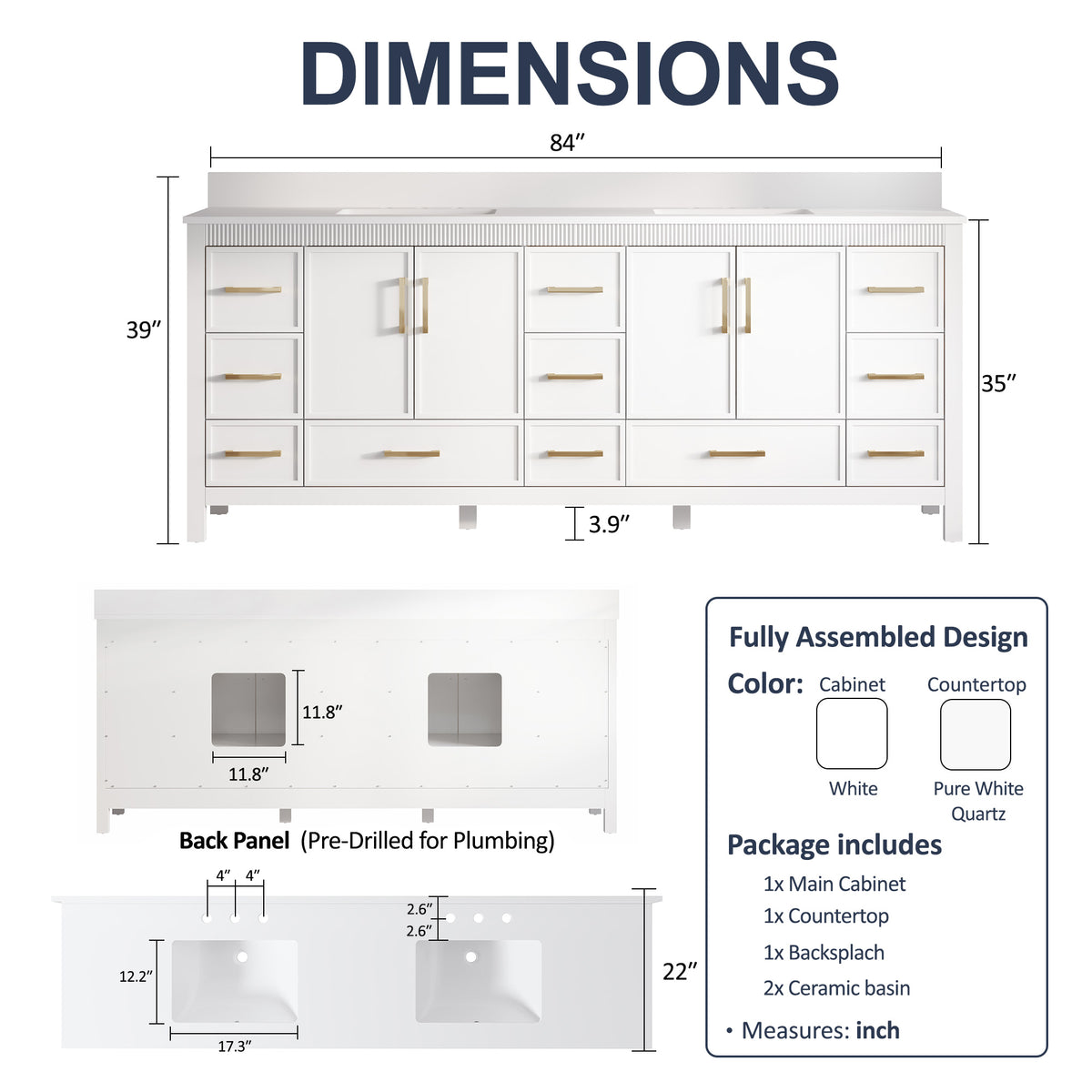 84 Inch Freestanding Solid Wood Bathroom Vanity with Pure White Quartz Countertop, 4 Soft-Close Doors & 11 Dovetail Drawers, White