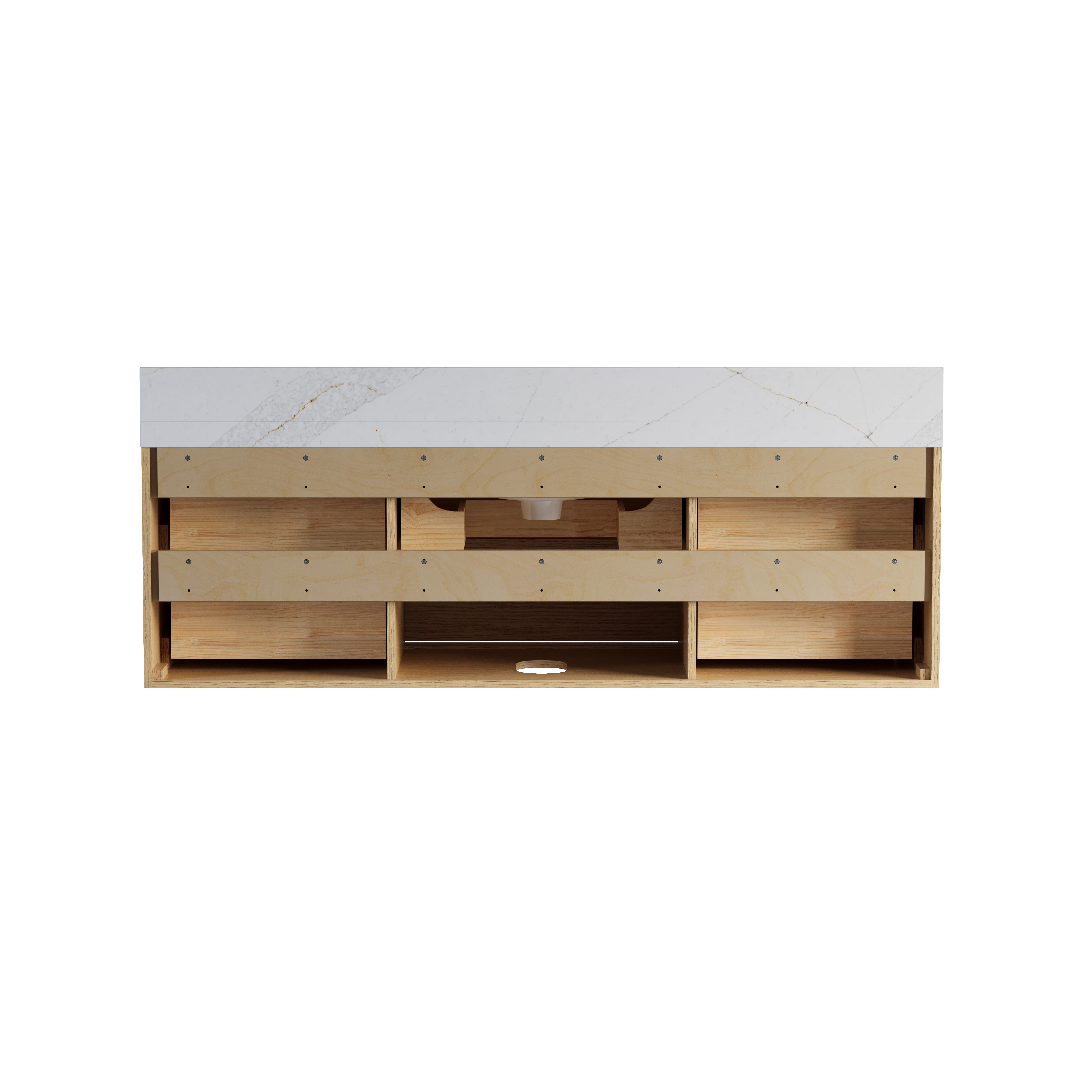 60-Inch Solid Oak Floating Bathroom Vanity with Calacatta Quartz Countertop, 6 Soft-Close Fluted Drawers