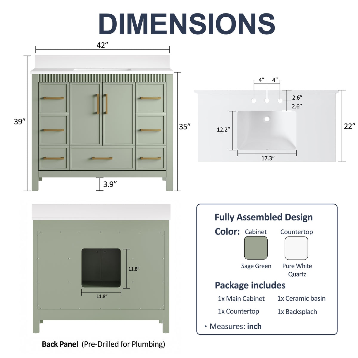 42 Inch Freestanding Solid Wood Bathroom Vanity with Fluted Molding, Pure White Quartz Countertop, SAGE GREEN