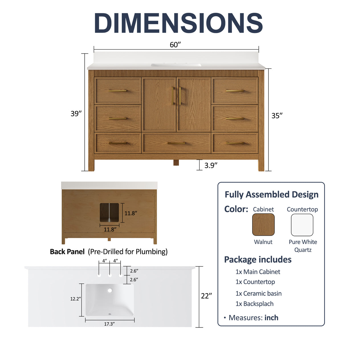 60 Inch Freestanding Solid Wood Bathroom Vanity with Pure White Quartz Countertop, 2 Soft-Close Doors & 7 Dovetail Drawers, Walnut