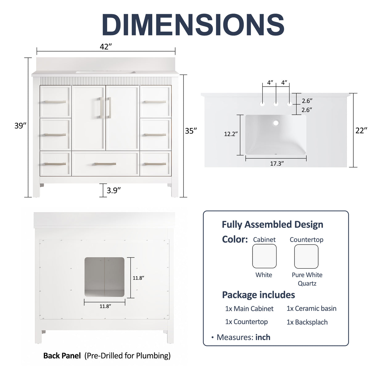 42 Inch Freestanding Solid Wood Bathroom Vanity with Fluted Molding, Pure White Quartz Countertop, White