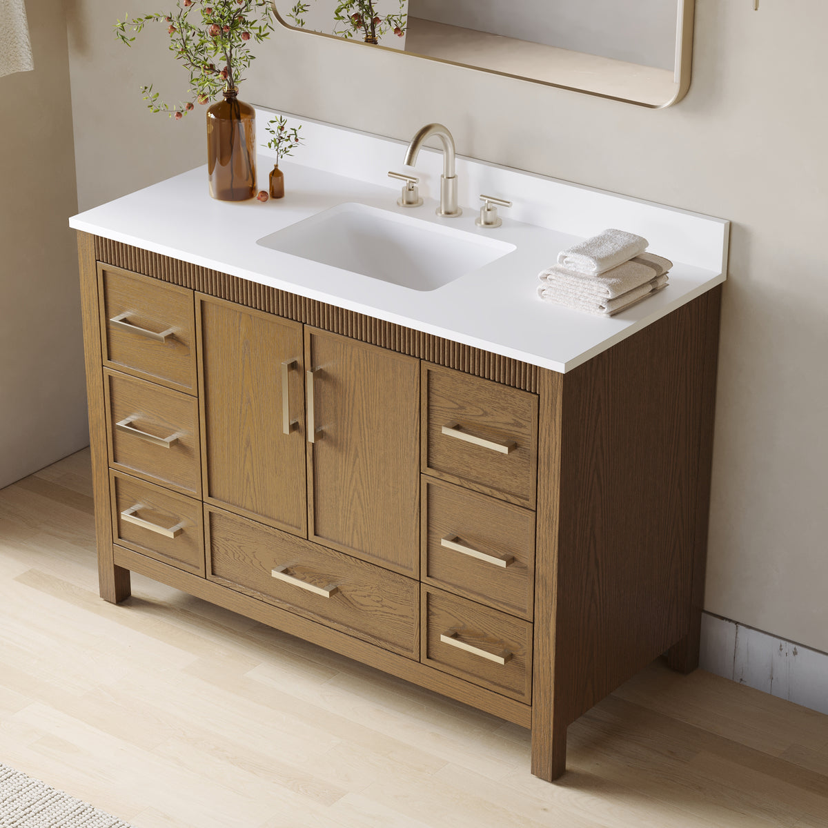 48 Inch Freestanding Solid Wood Bathroom Vanity with Fluted Molding, Pure White Quartz Countertop, Walnut