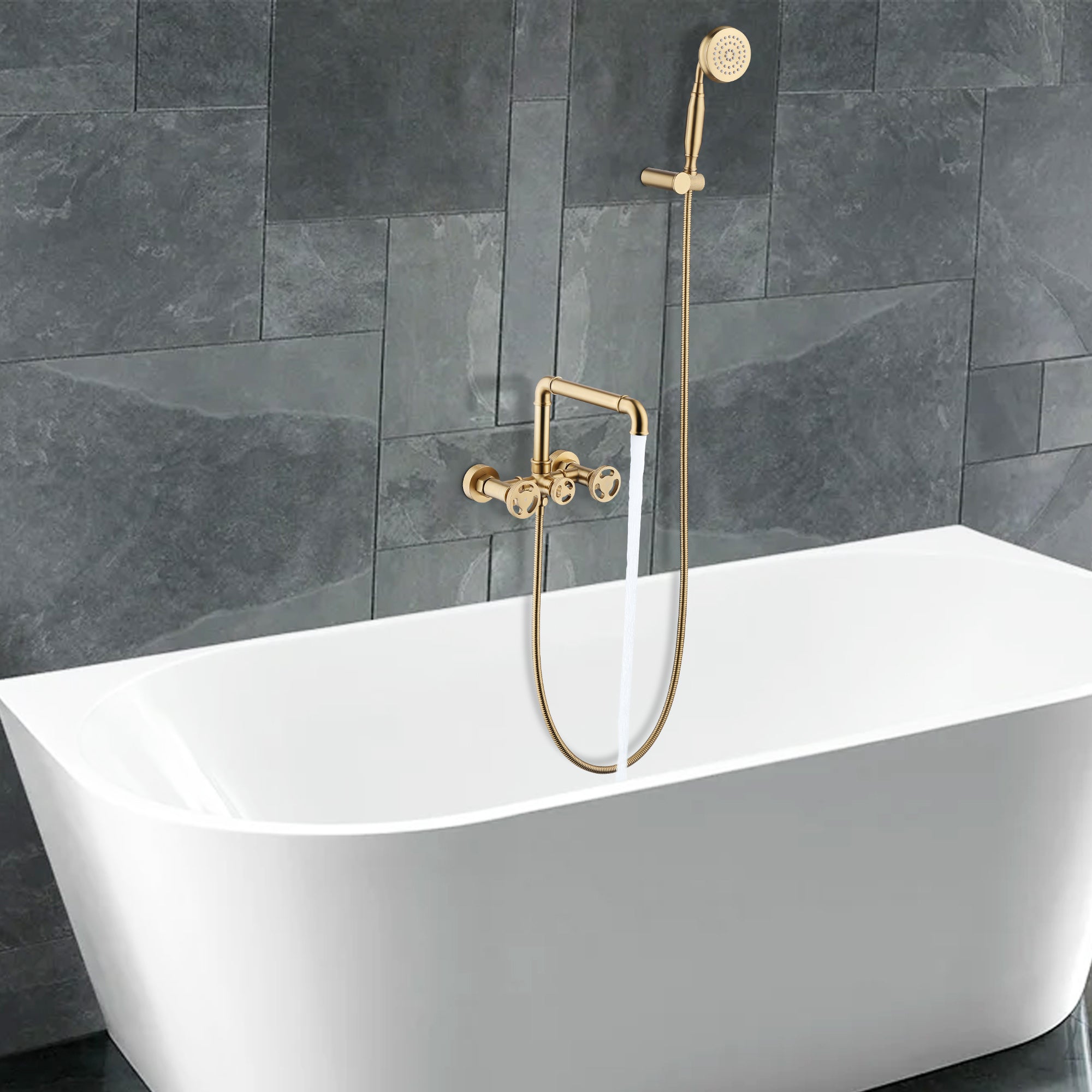 Double Hole Double Handle Brushed Gold Bathtub Faucet with Handheld Shower