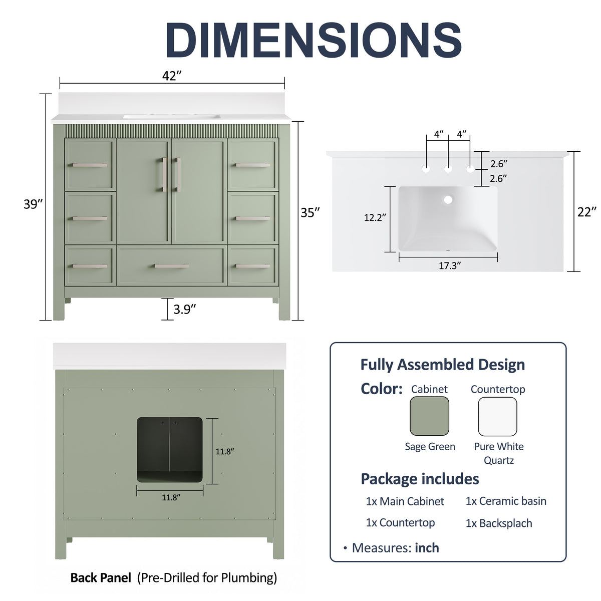 42 Inch Freestanding Solid Wood Bathroom Vanity with Fluted Molding, Pure White Quartz Countertop, SAGE GREEN