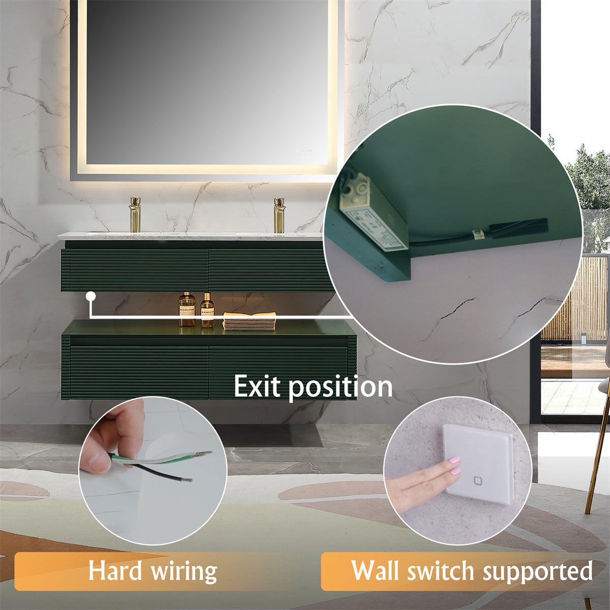 48" Floating Bathroom Vanity Set in Green with LED Light and White Engineered Marble Top with Double Basins