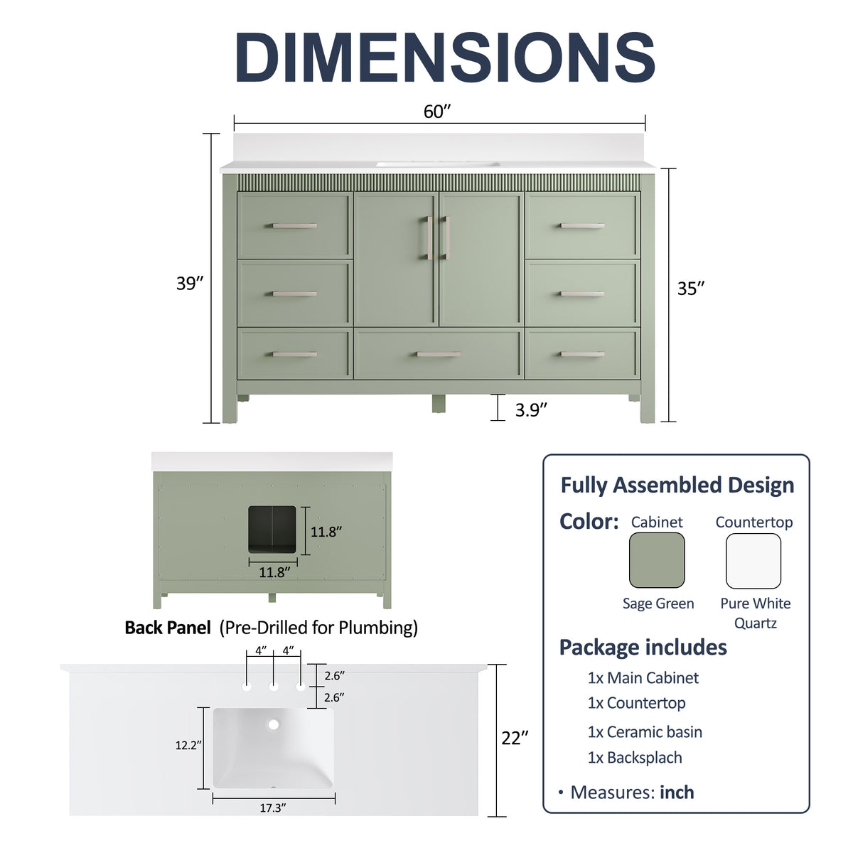 60 Inch Freestanding Solid Wood Bathroom Vanity with Pure White Quartz Countertop, 2 Soft-Close Doors & 7 Dovetail Drawers, SAGE GREEN