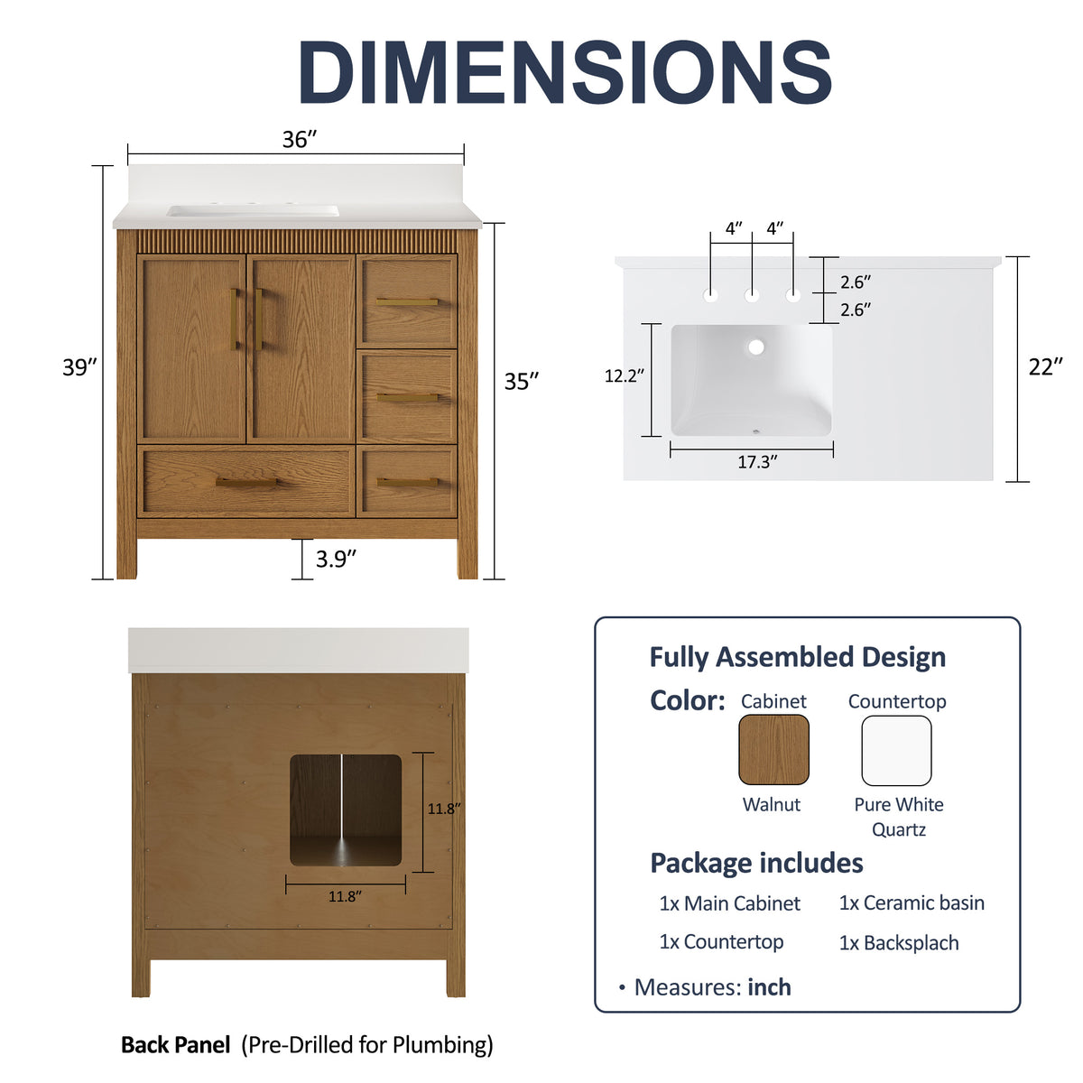 42 Inch Freestanding Solid Wood Bathroom Vanity with Fluted Molding, Pure White Quartz Countertop, Walnut
