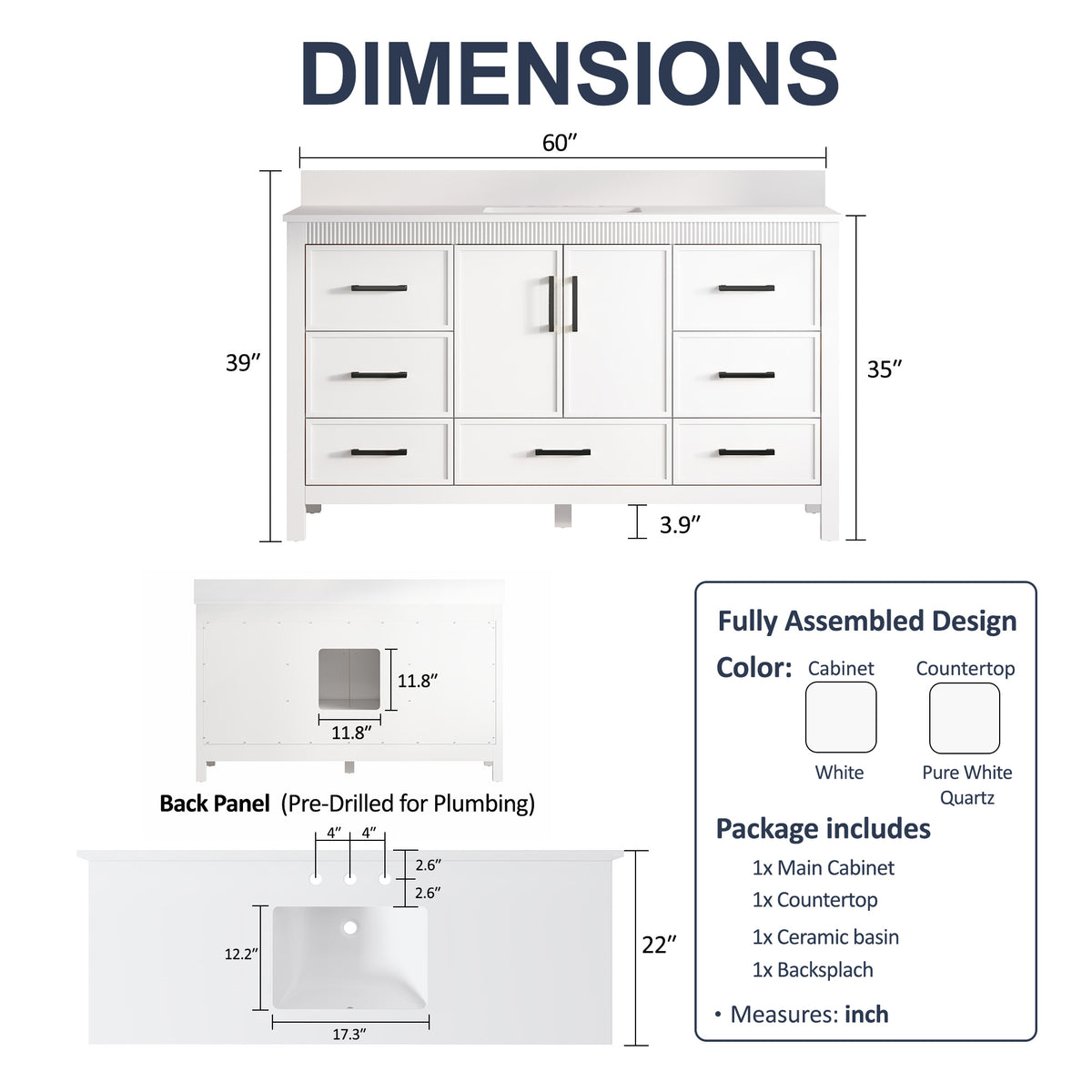60 Inch Freestanding Solid Wood Bathroom Vanity with Pure White Quartz Countertop, 2 Soft-Close Doors & 7 Dovetail Drawers, White