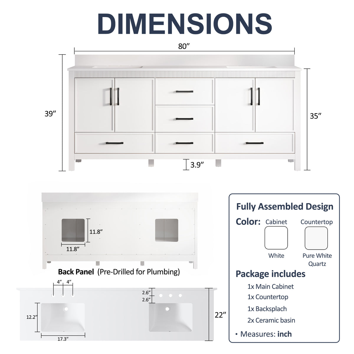 80 Inch Freestanding Solid Wood Bathroom Vanity with Pure White Quartz Countertop, 4 Soft-Close Doors & 5 Dovetail Drawers, White