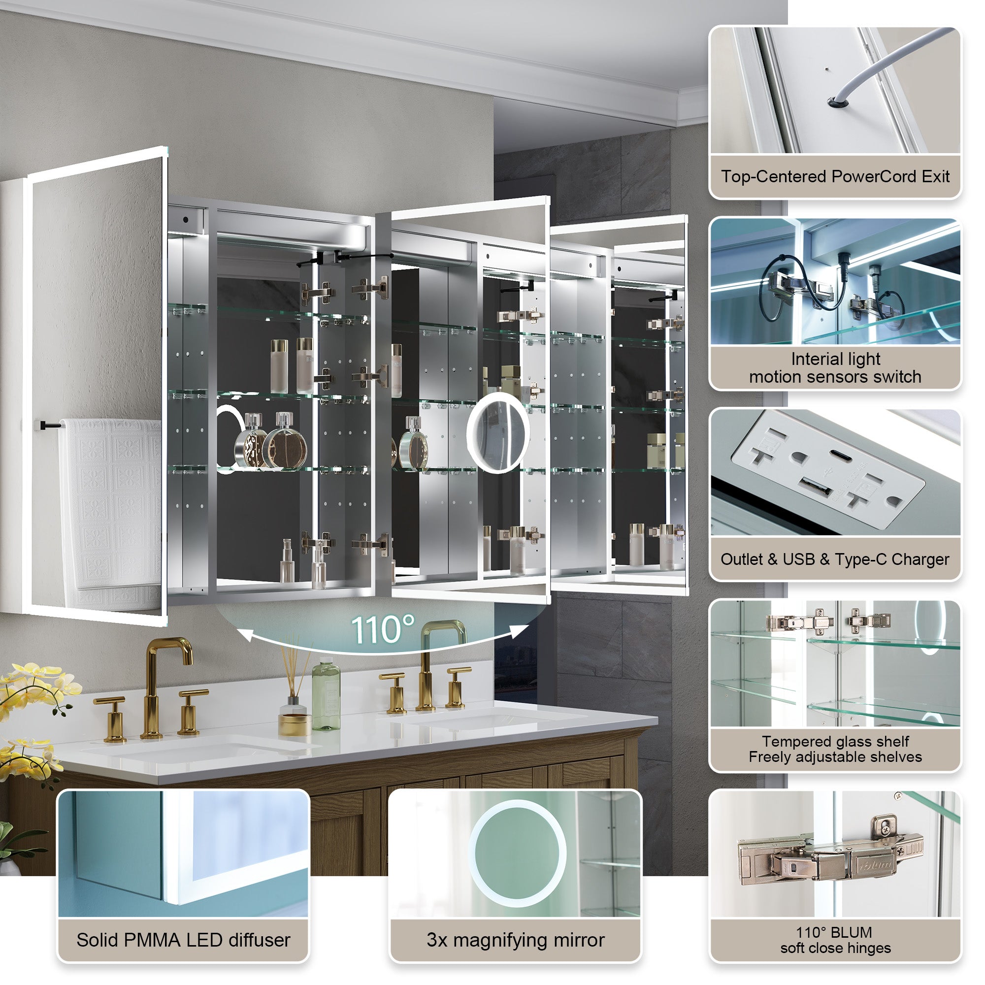 60 in. x 36 in. Recessed/Surface Mount LED Medicine Cabinet with 3X Magnifier Glass Mirror, Anti-Fog