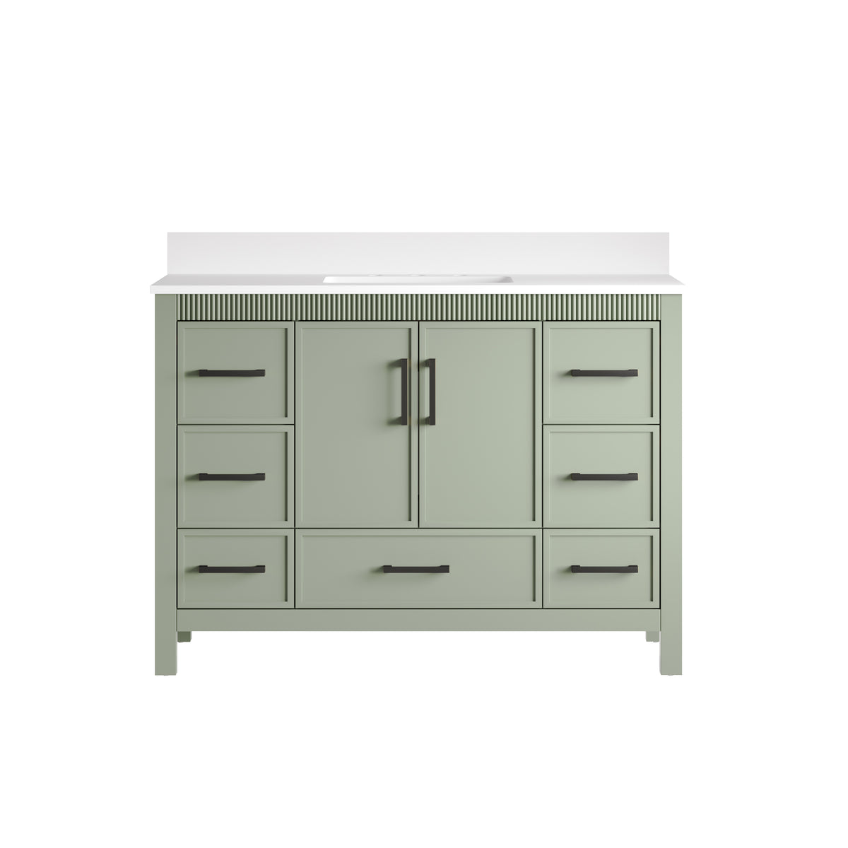 48 Inch Freestanding Solid Wood Bathroom Vanity with Fluted Molding, Pure White Quartz Countertop, SAGE GREEN