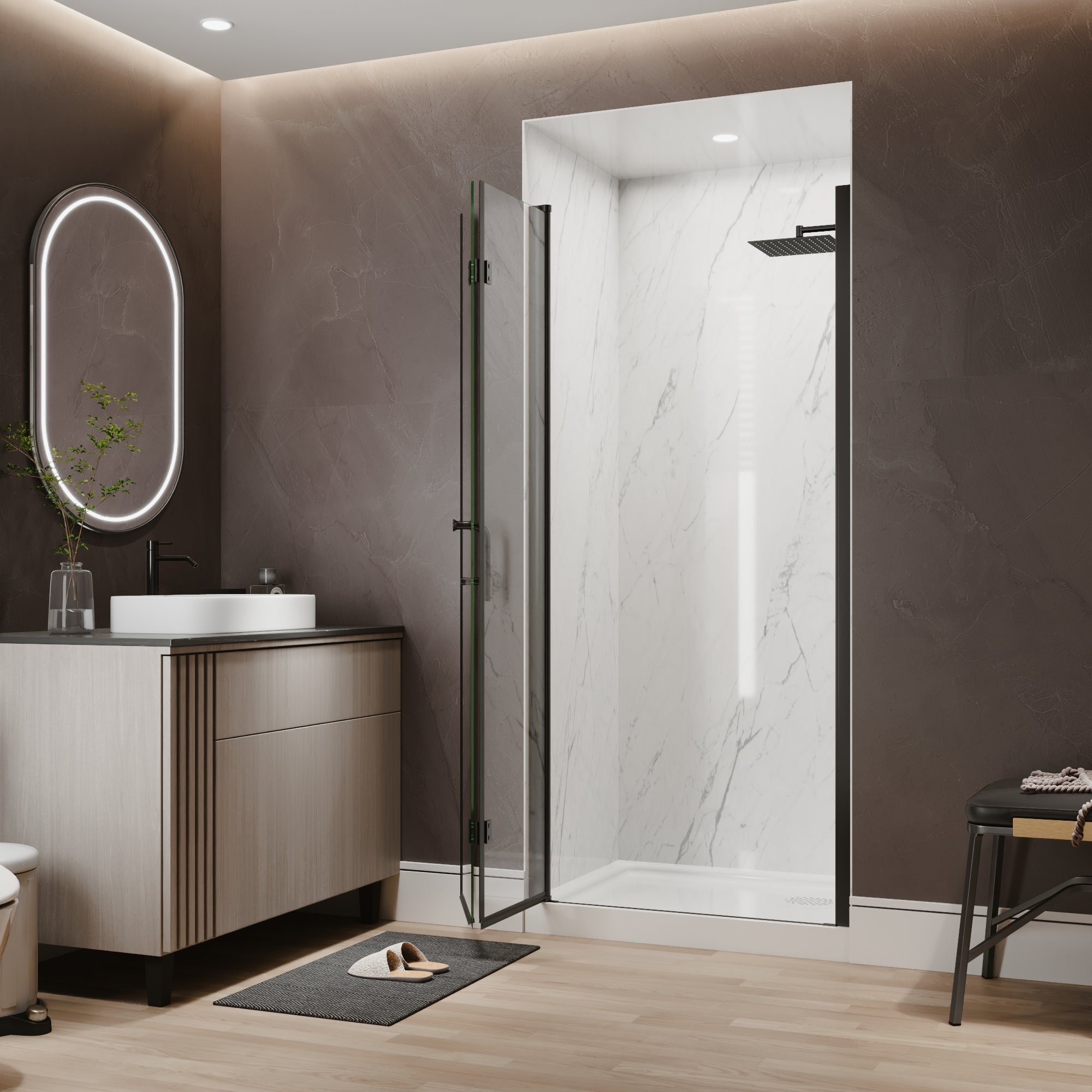 34-36 in. W x 72 in. H Modern Semi-Frameless 1/4 in. Tempered Glass Bifold Pivot Shower Door with Reversible Installation, Matte Black