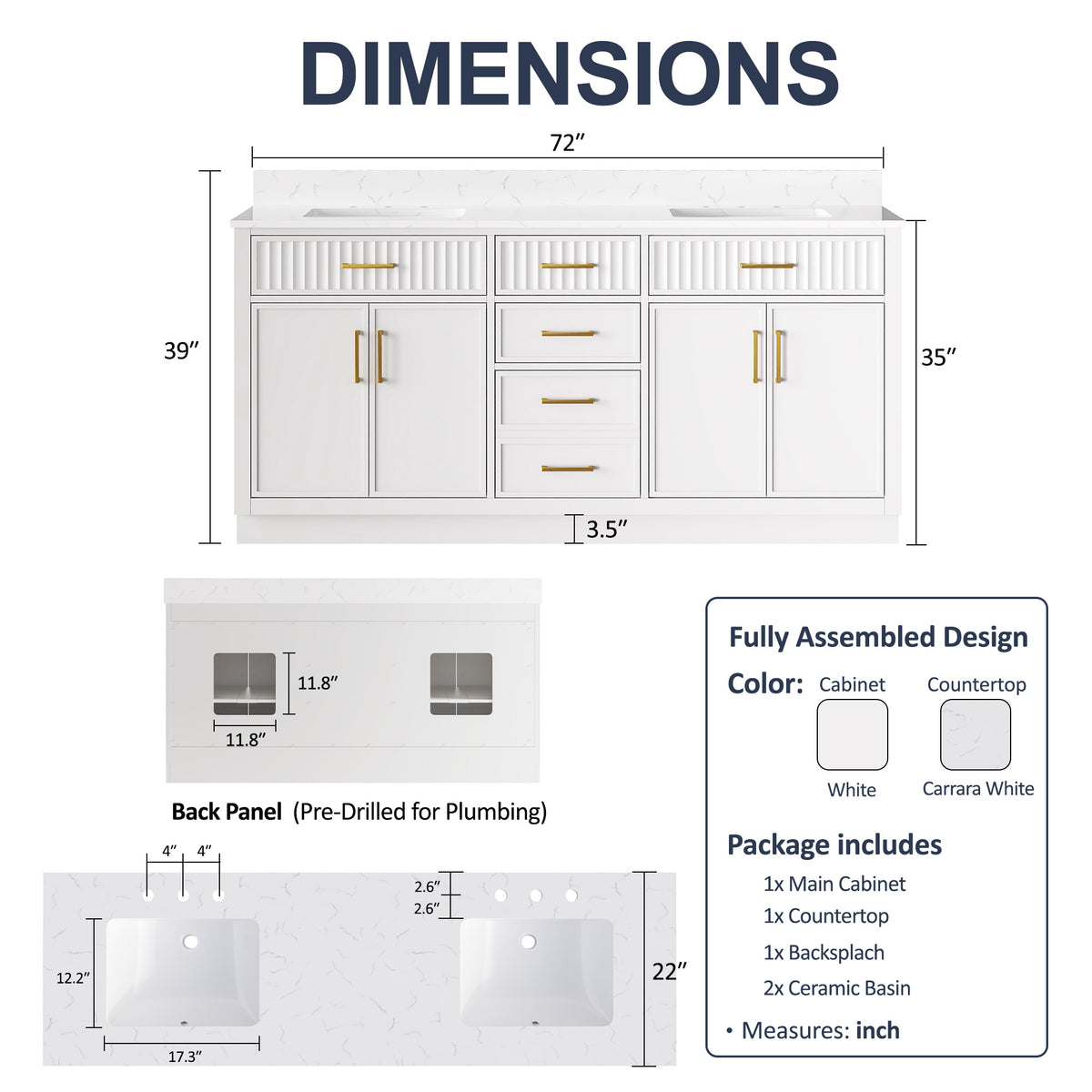 72 Inch Freestanding Solid Wood & Plywood Bathroom Vanity with Soft-Close Drawers, Carrara White Quartz Countertop, White