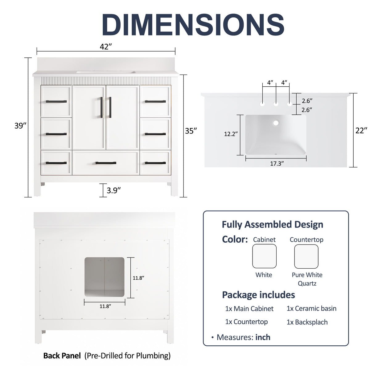 42 Inch Freestanding Solid Wood Bathroom Vanity with Fluted Molding, Pure White Quartz Countertop, White