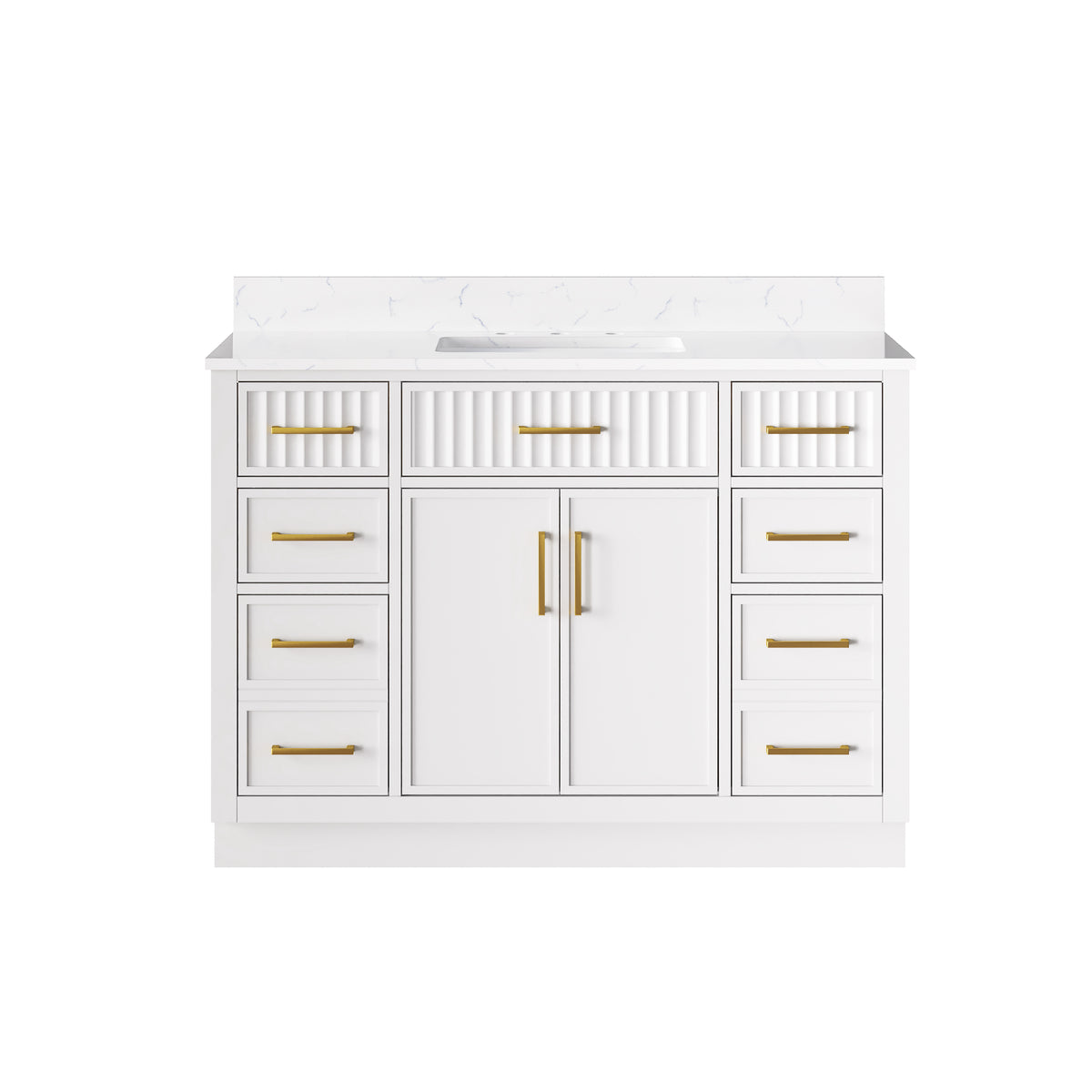 48 Inch Solid Wood and Plywood Bathroom Vanity with Carrara White Quartz Top, 2 Soft-Close Doors & 7 Drawers, White