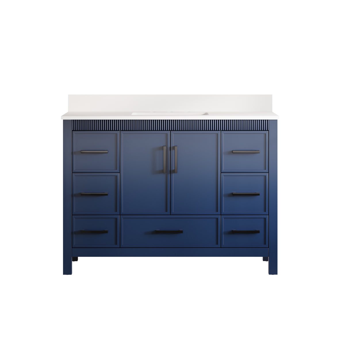 48 Inch Freestanding Solid Wood Bathroom Vanity with Fluted Molding, Pure White Quartz Countertop, Navy Blue