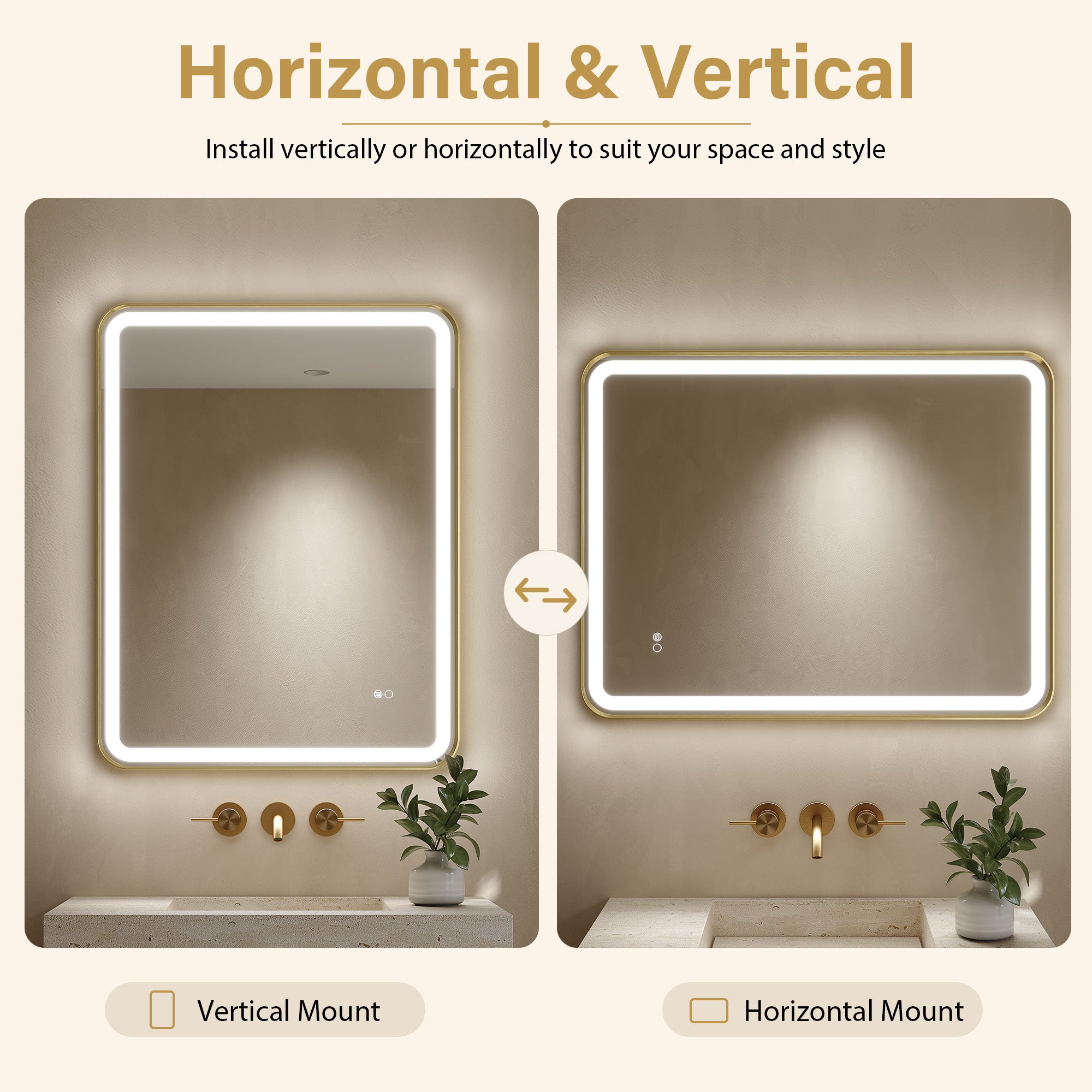 28 in. x 36 in. Framed LED Bathroom Mirror in Brushed Gold with Rounded Corners, Dimmable Lighted, Anti-Fog