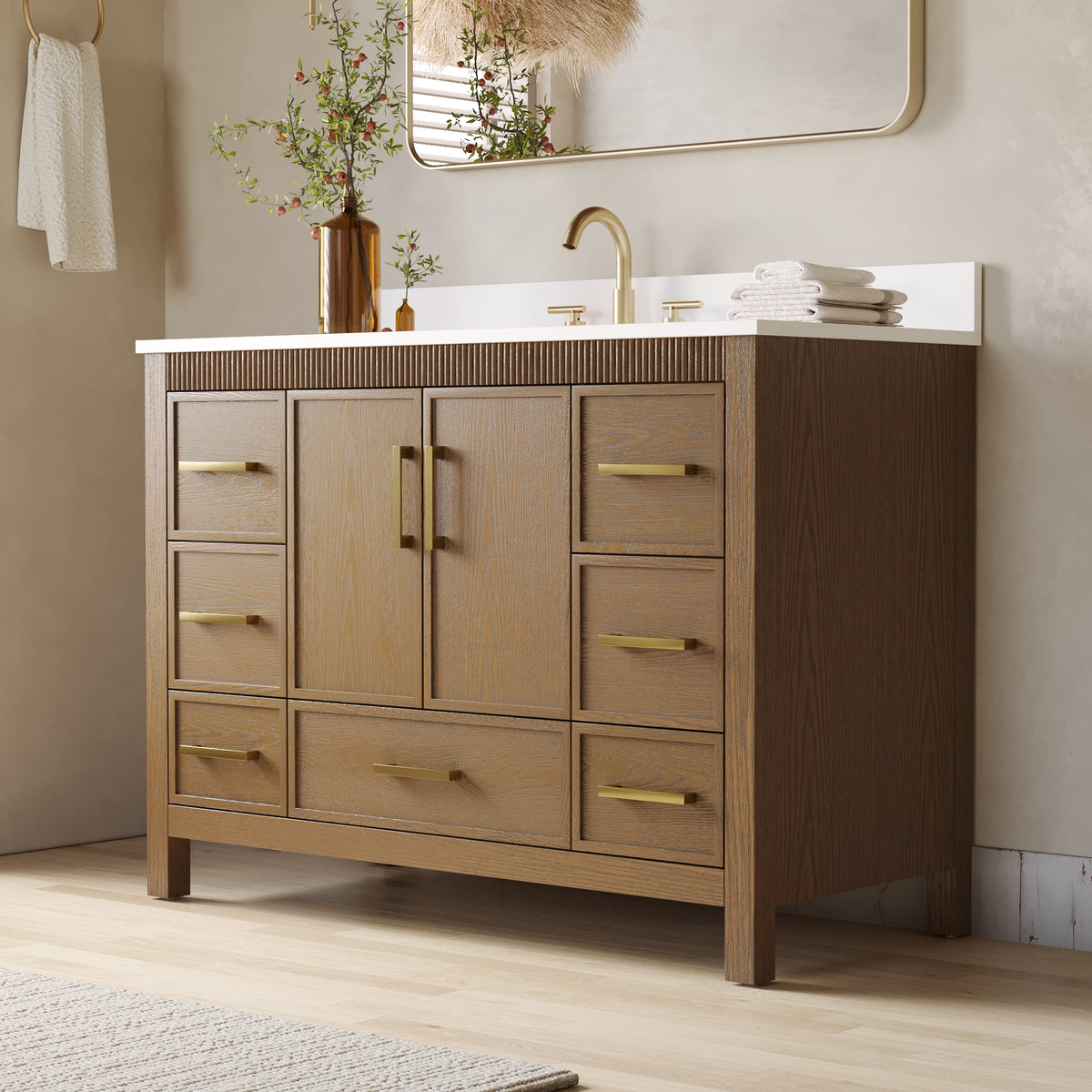 48 Inch Freestanding Solid Wood Bathroom Vanity with Fluted Molding, Pure White Quartz Countertop, Walnut