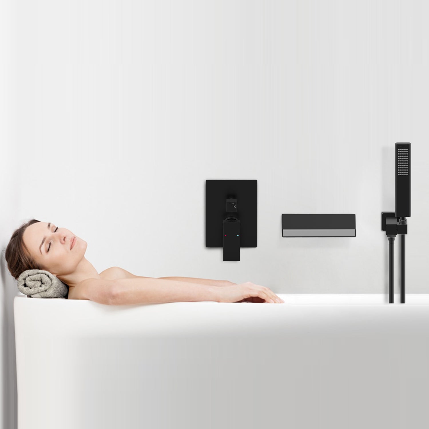 Matte Black Waterfall Bathtub Shower Set with Hand Shower Wall-Mounted
