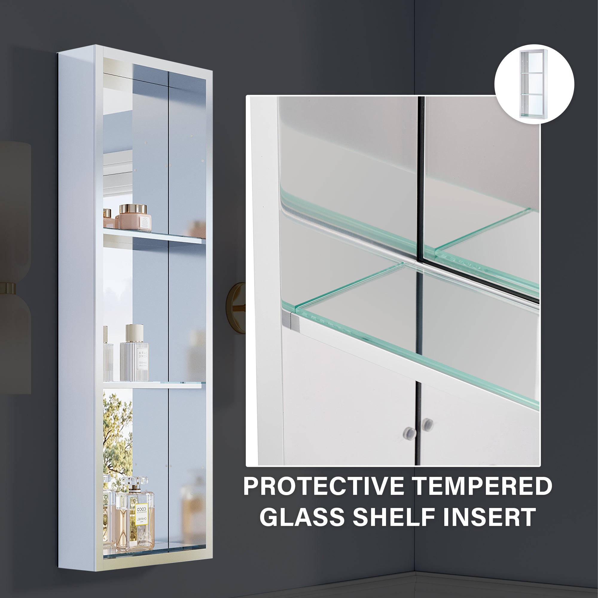 12 in.×36 in. Recessed/Surface Mount Aluminum Medicine Cabinet with Open Shelves and 3 PCS Tempered Glass