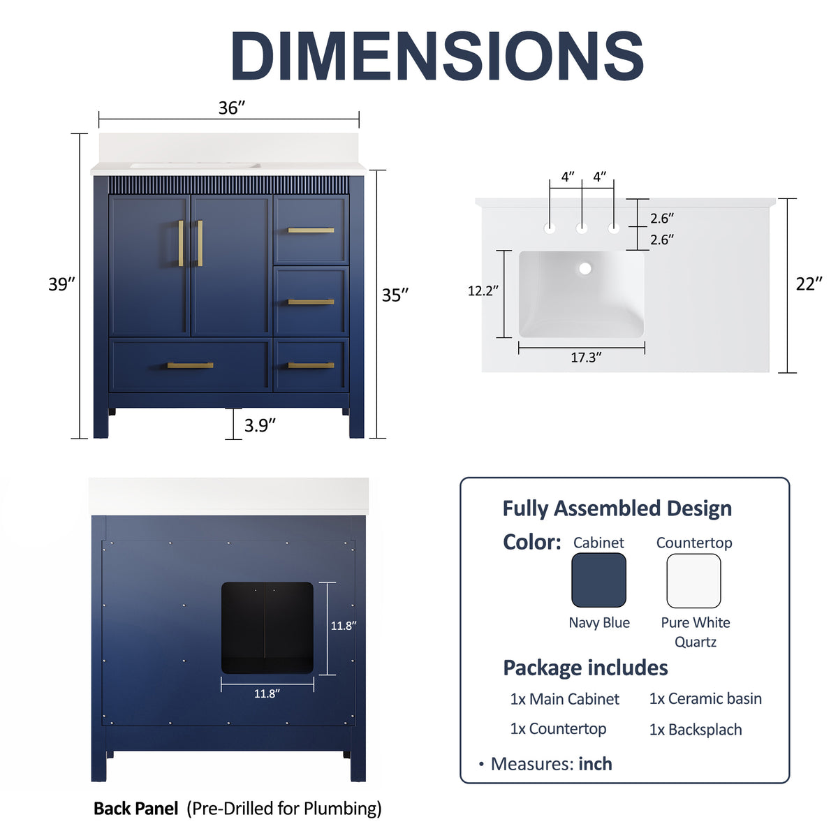 36 Inch Freestanding Solid Wood Bathroom Vanity with Fluted Molding, Pure White Quartz Countertop, Navy Blue