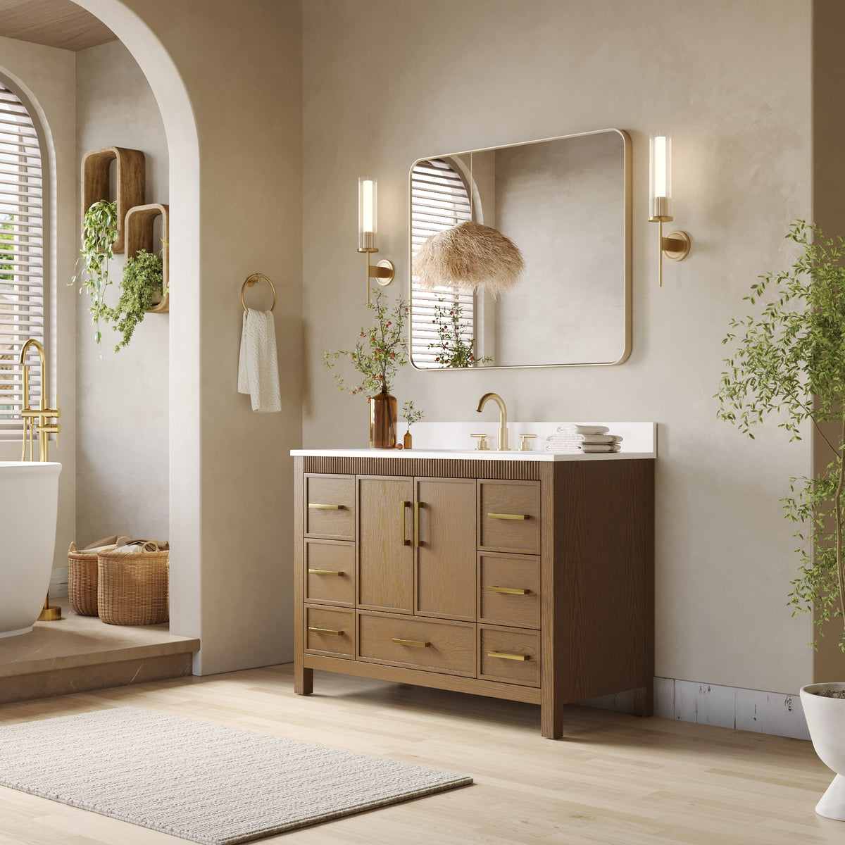48 Inch Freestanding Solid Wood Bathroom Vanity with Fluted Molding, Pure White Quartz Countertop, Walnut