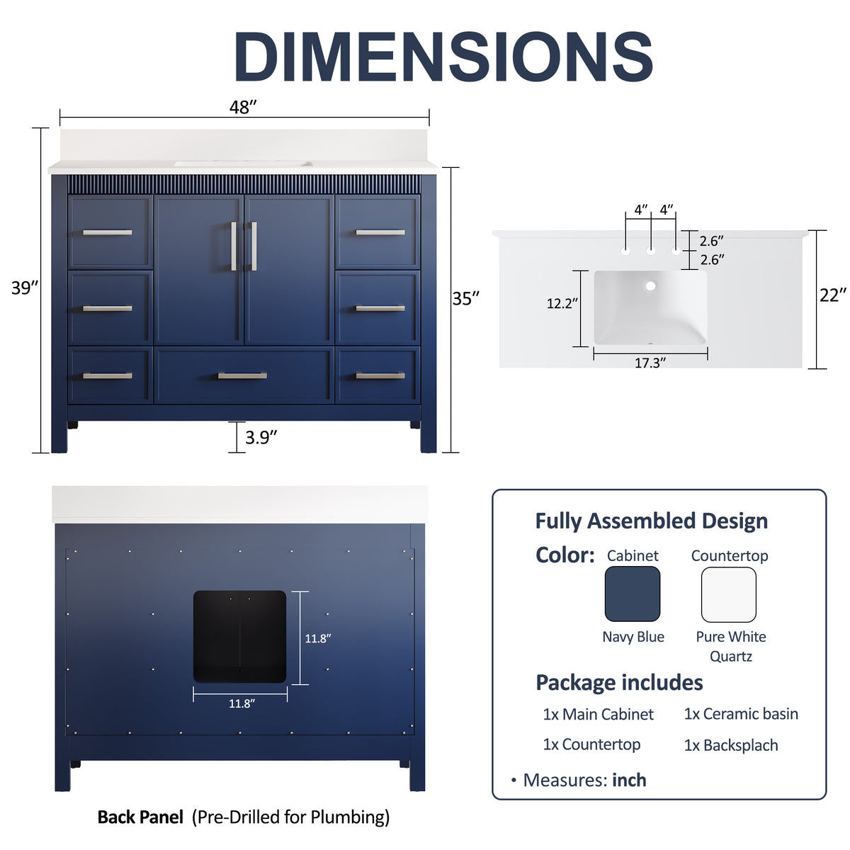 48 Inch Freestanding Solid Wood Bathroom Vanity with Fluted Molding, Pure White Quartz Countertop, Navy Blue
