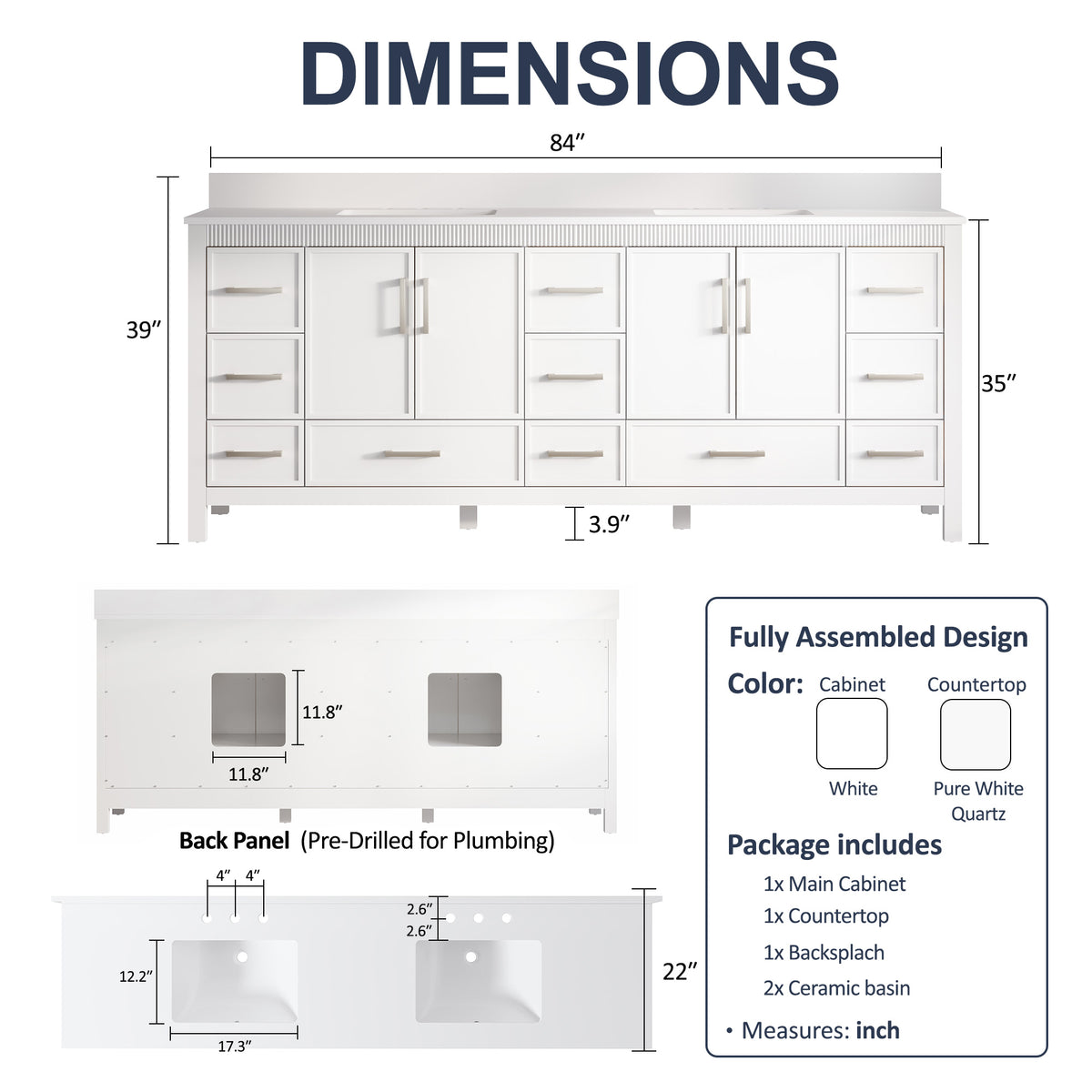 84 Inch Freestanding Solid Wood Bathroom Vanity with Pure White Quartz Countertop, 4 Soft-Close Doors & 11 Dovetail Drawers, White