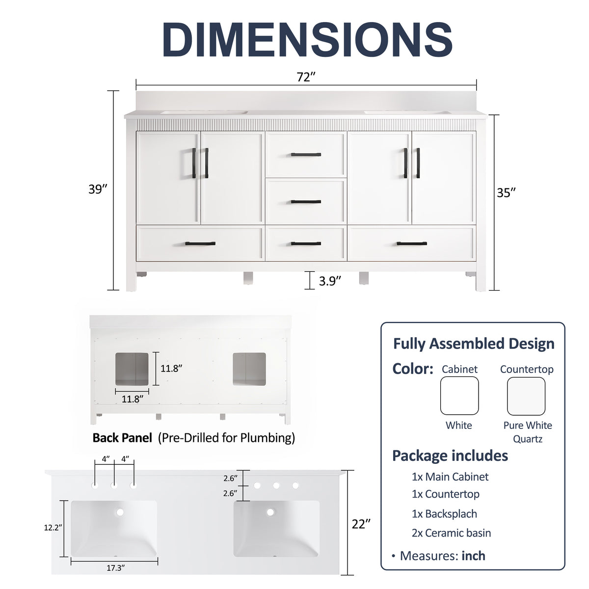 72 Inch Freestanding Solid Wood Bathroom Vanity with Pure White Quartz Countertop, 4 Soft-Close Doors & 5 Dovetail Drawers, White