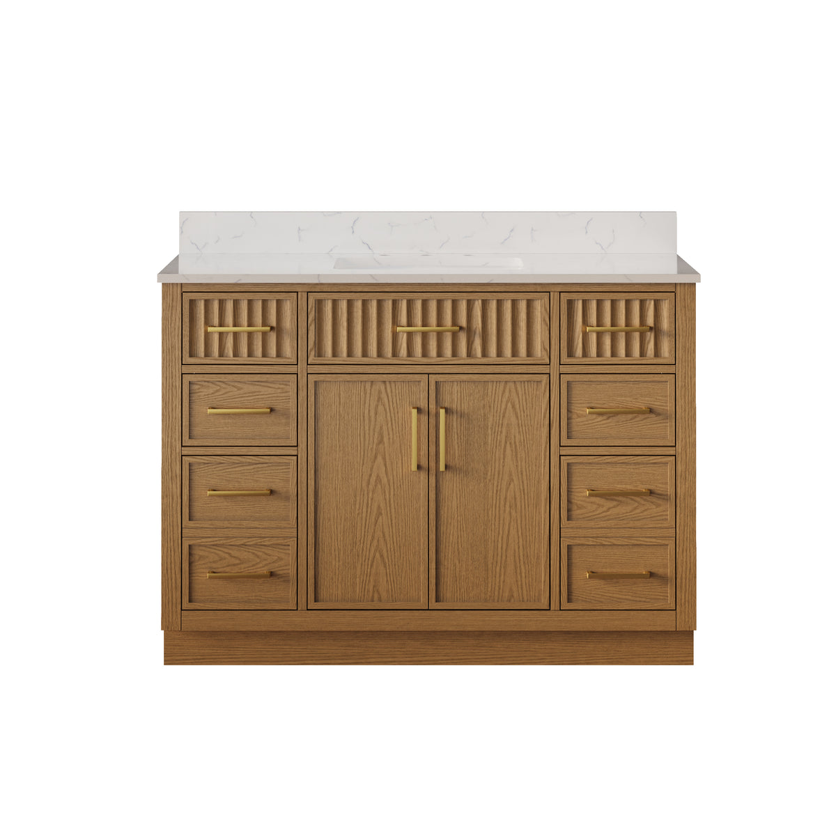 48 Inch Solid Wood and Plywood Bathroom Vanity with Carrara White Quartz Top, 2 Soft-Close Doors & 7 Drawers, Walnut