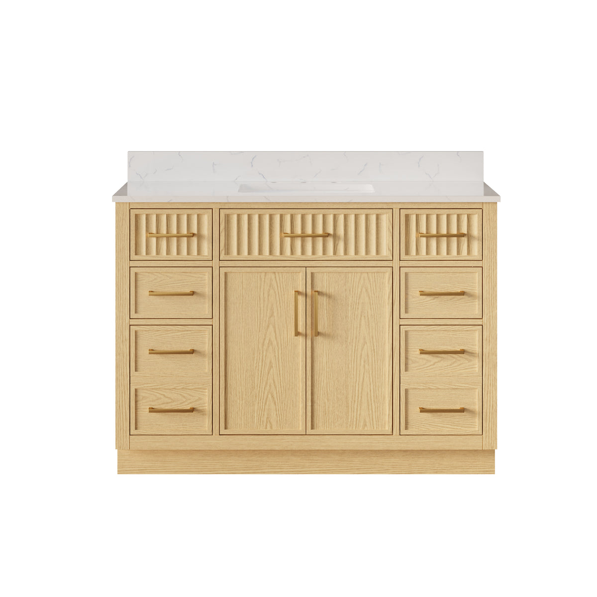 48 Inch Solid Wood and Plywood Bathroom Vanity with Carrara White Quartz Top, 2 Soft-Close Doors & 7 Drawers, OAK