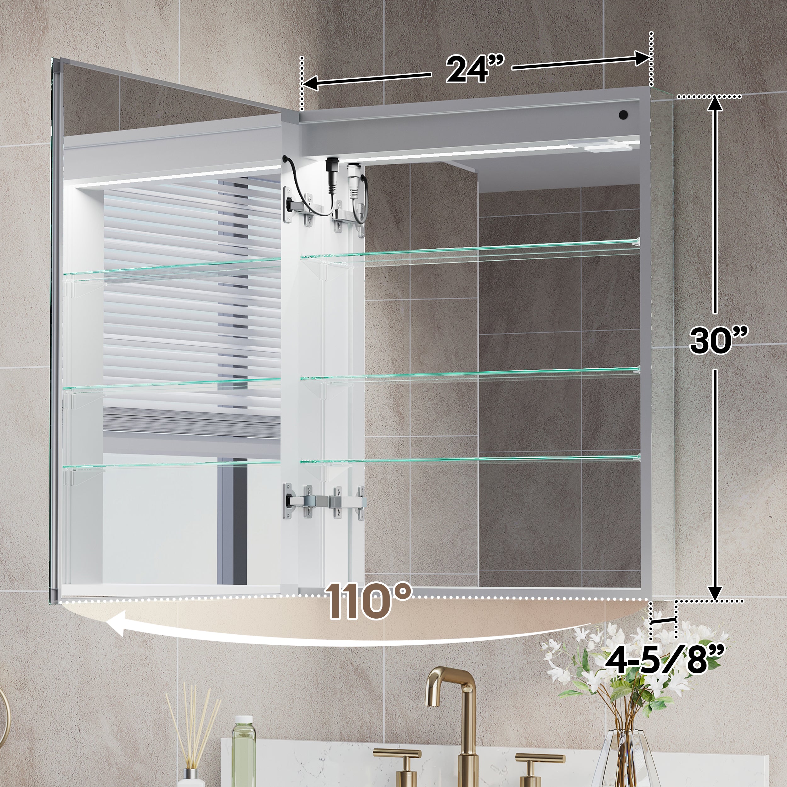 24 in. x 30 in. LED Lighted Surface/Recessed Mount Silver Mirrored Medicine Cabinet with Anti-Fog, Dimmable, Outlet left Side