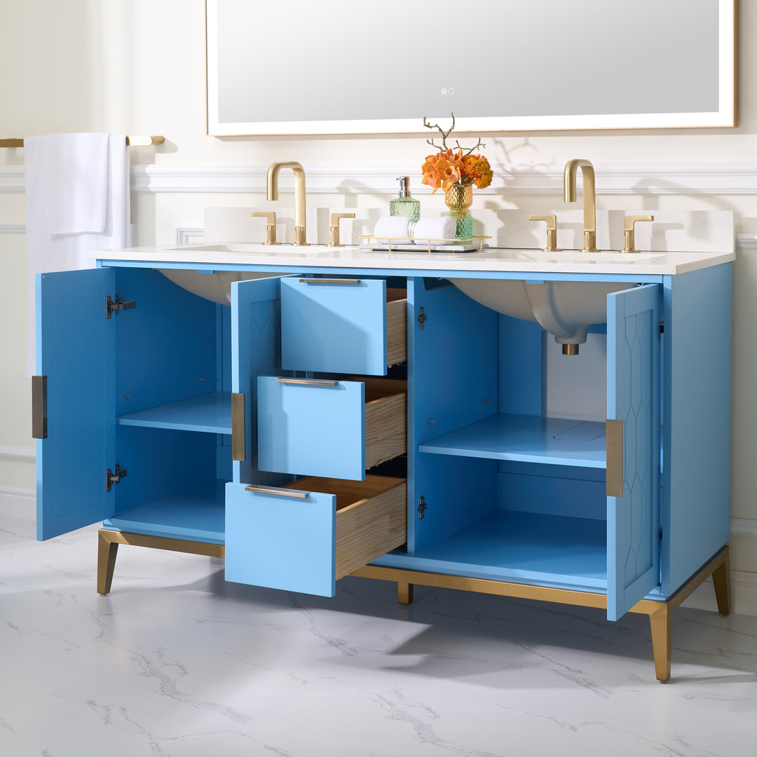 60 in. Bathroom Vanity in Light Blue with Carrara White Quartz Vanity Top with White Sink