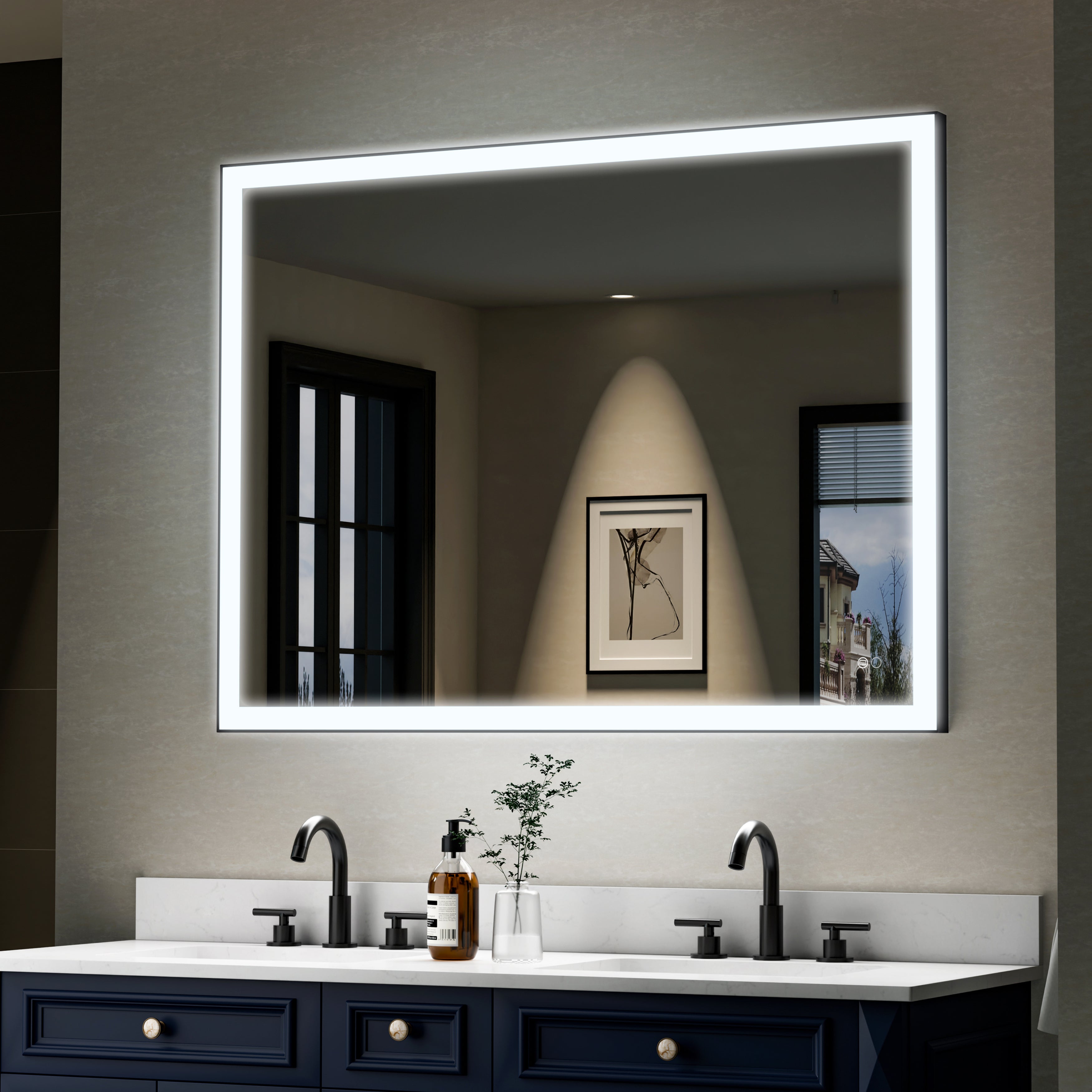 48 in. W x 36 in. H Aluminium Framed Rectangular LED Light Bathroom Vanity Mirror in Matte Black