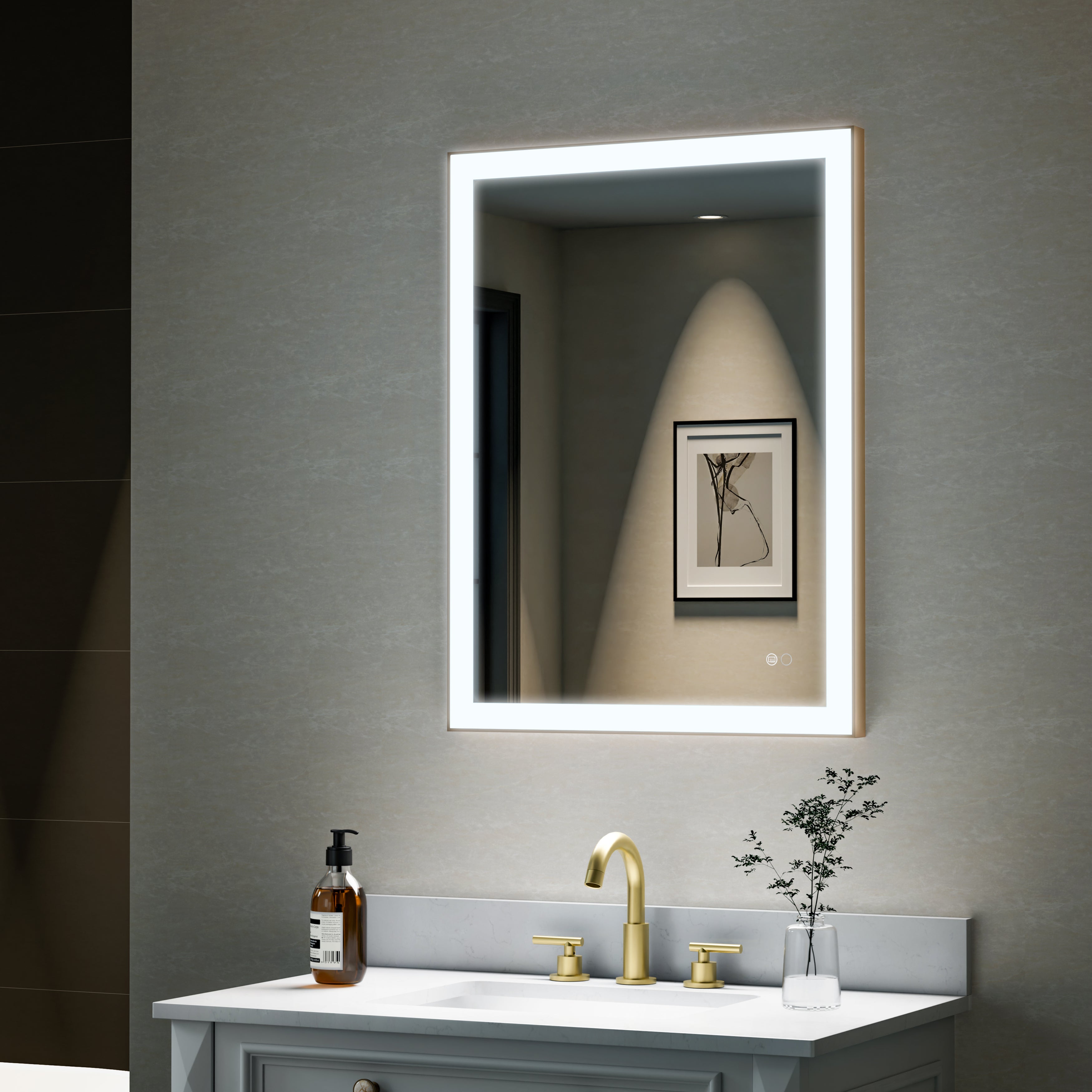 24 in. W x 32 in. H Aluminium Framed Rectangular LED Light Bathroom Vanity Mirror in Gold