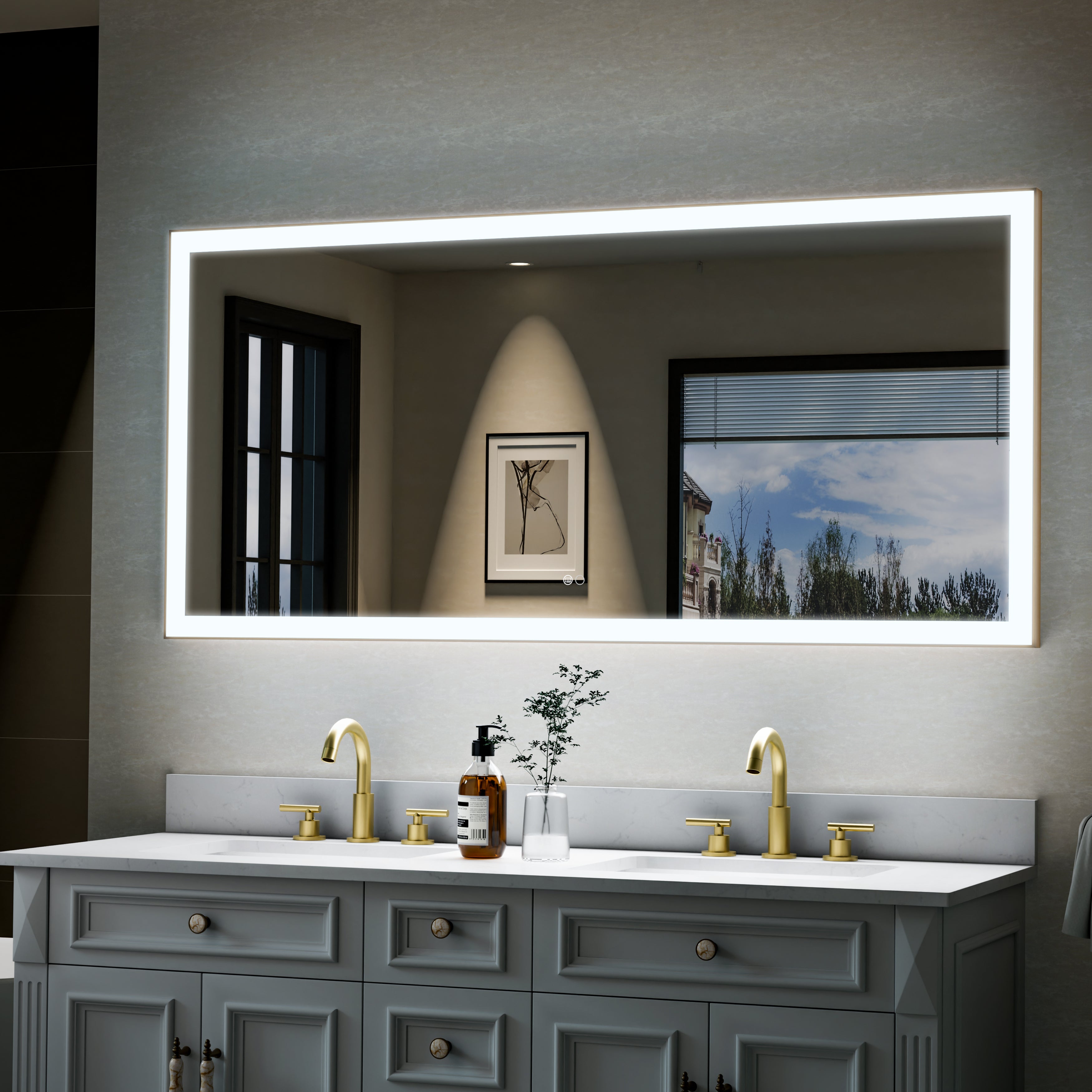 60 in. W x 28 in. H Aluminium Framed Rectangular LED Light Bathroom Vanity Mirror in Gold
