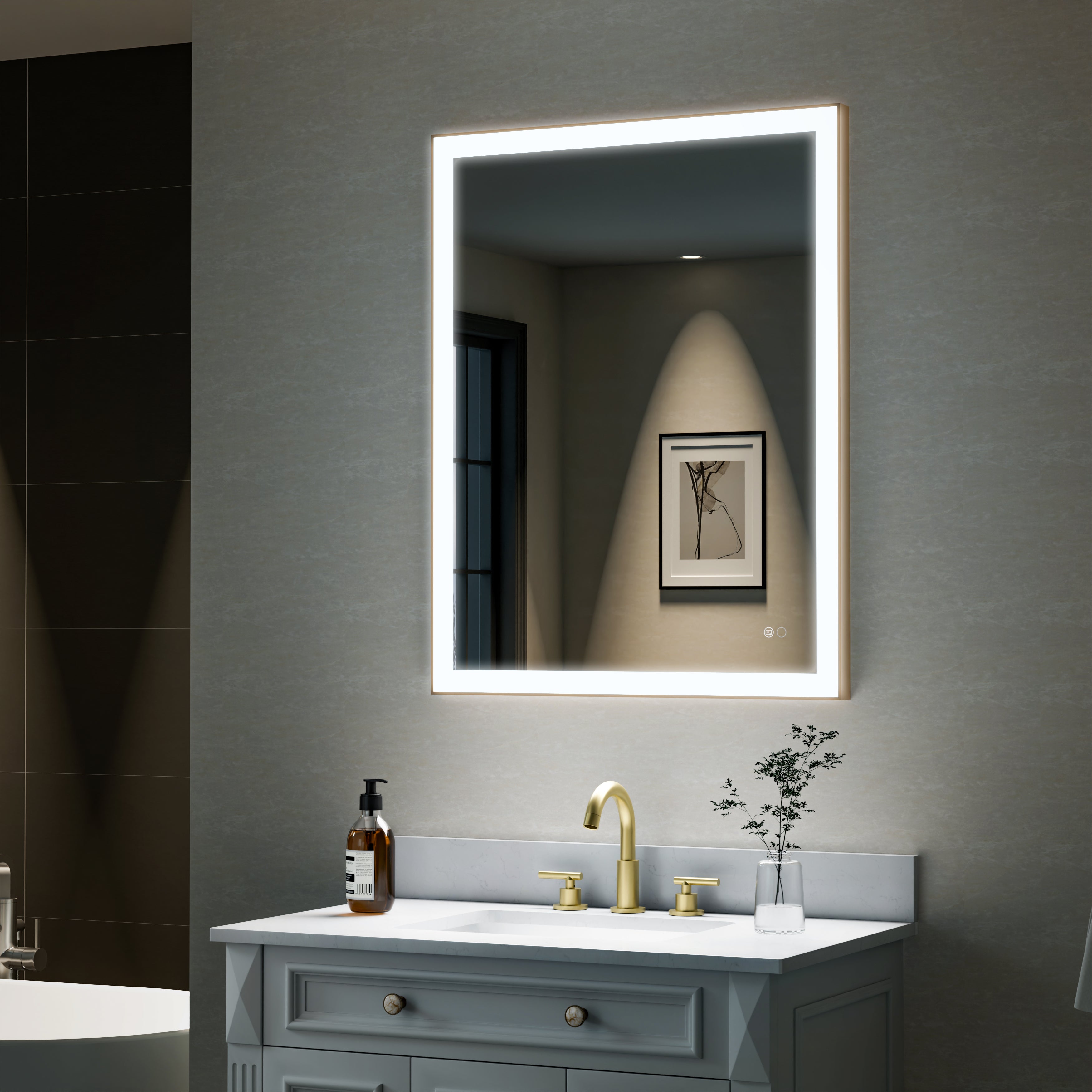 28 in. W x 36 in. H Aluminium Framed Rectangular LED Light Bathroom Vanity Mirror in Gold