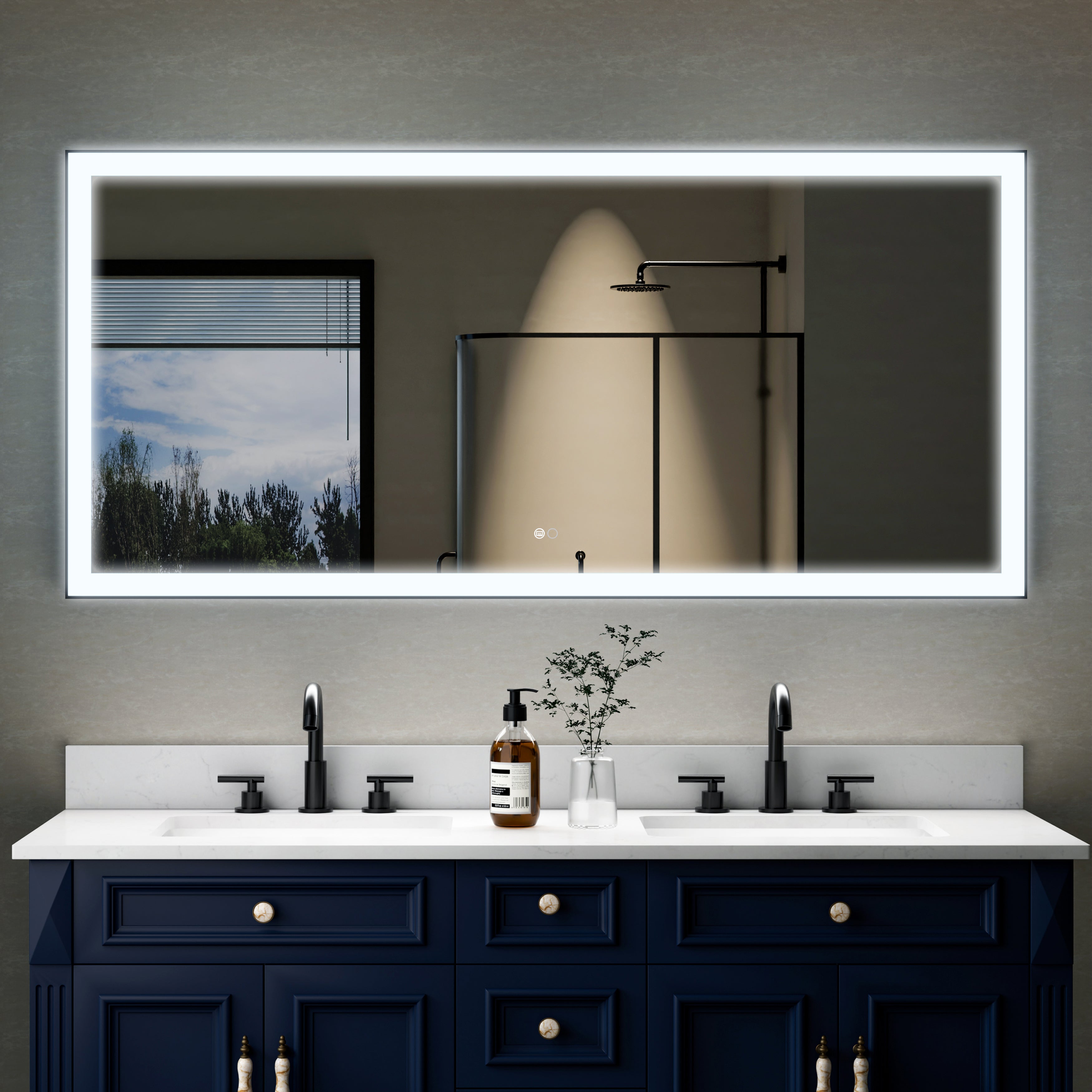 60 in. W x 28 in. H Aluminium Framed Rectangular LED Light Bathroom Vanity Mirror in Matte Black
