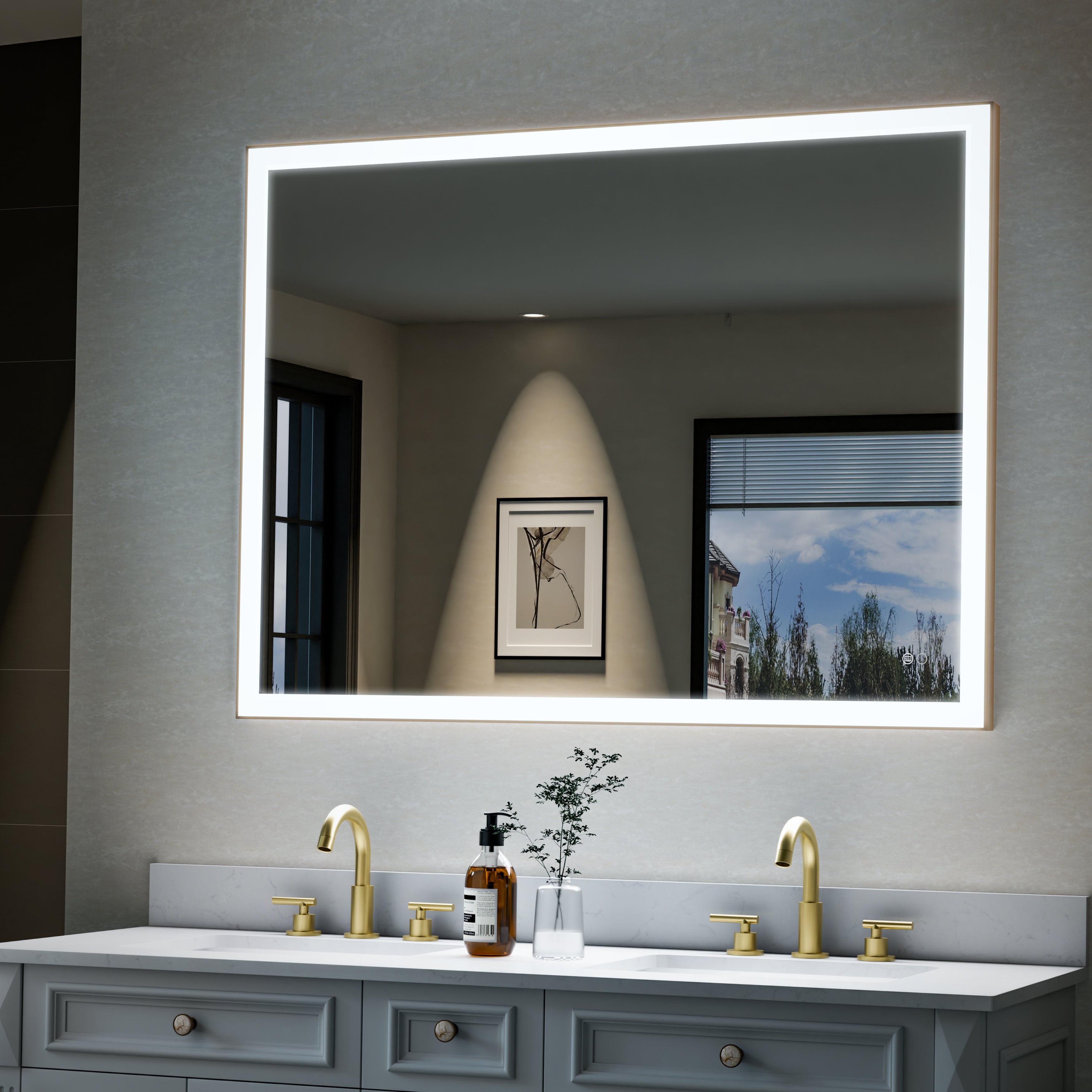 48 in. W x 36 in. H Aluminium Framed Rectangular LED Light Bathroom Vanity Mirror in Gold
