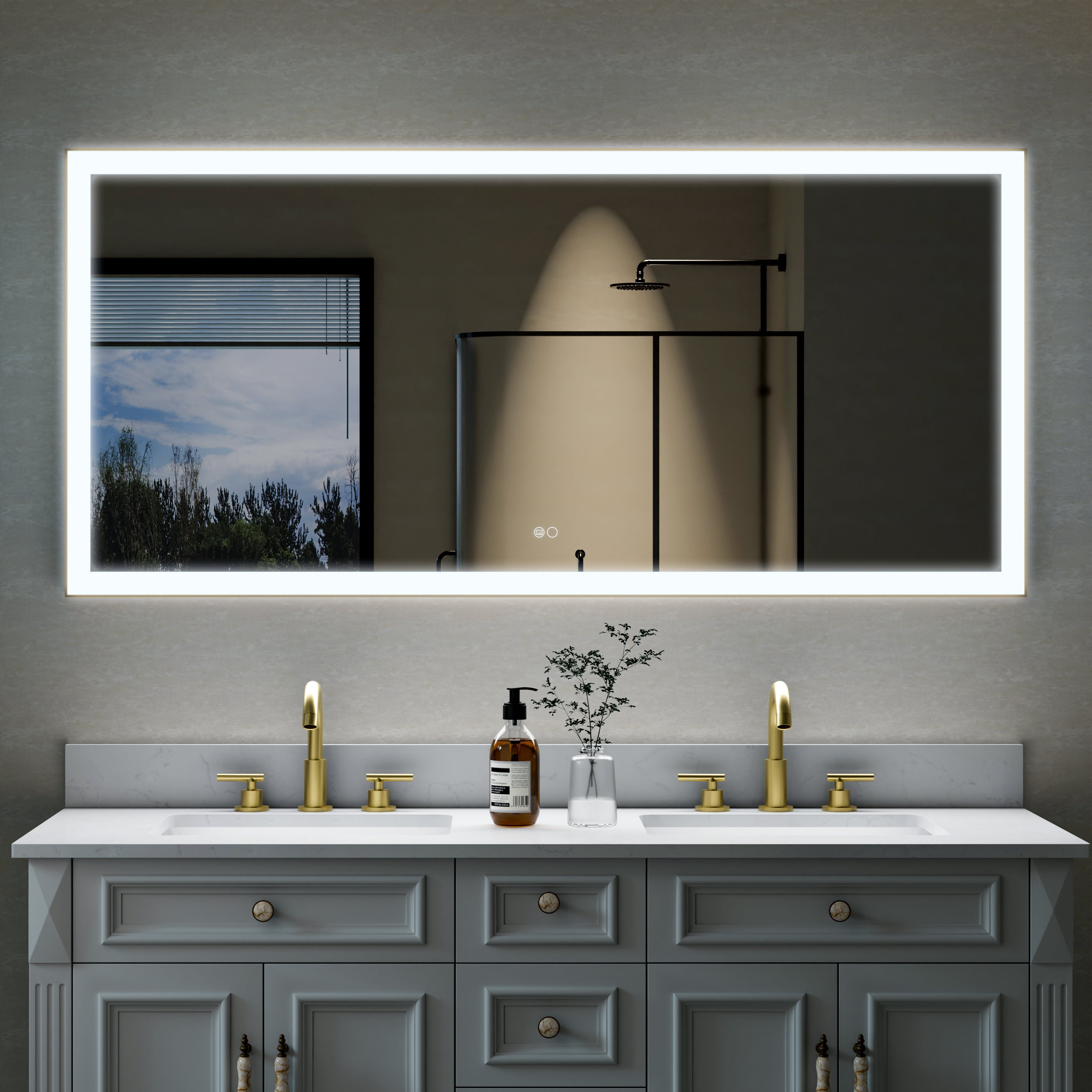 60 in. W x 28 in. H Aluminium Framed Rectangular LED Light Bathroom Vanity Mirror in Gold