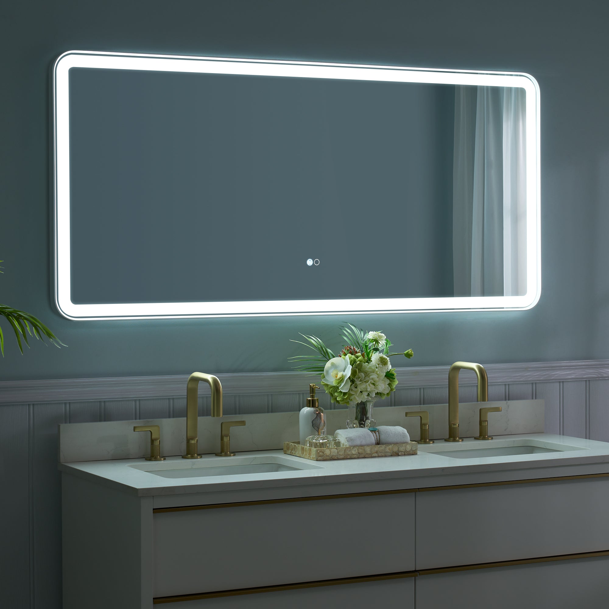 60 in. W x 28 in. H Framed LED Light Bathroom Vanity Mirror - Round Corners in White