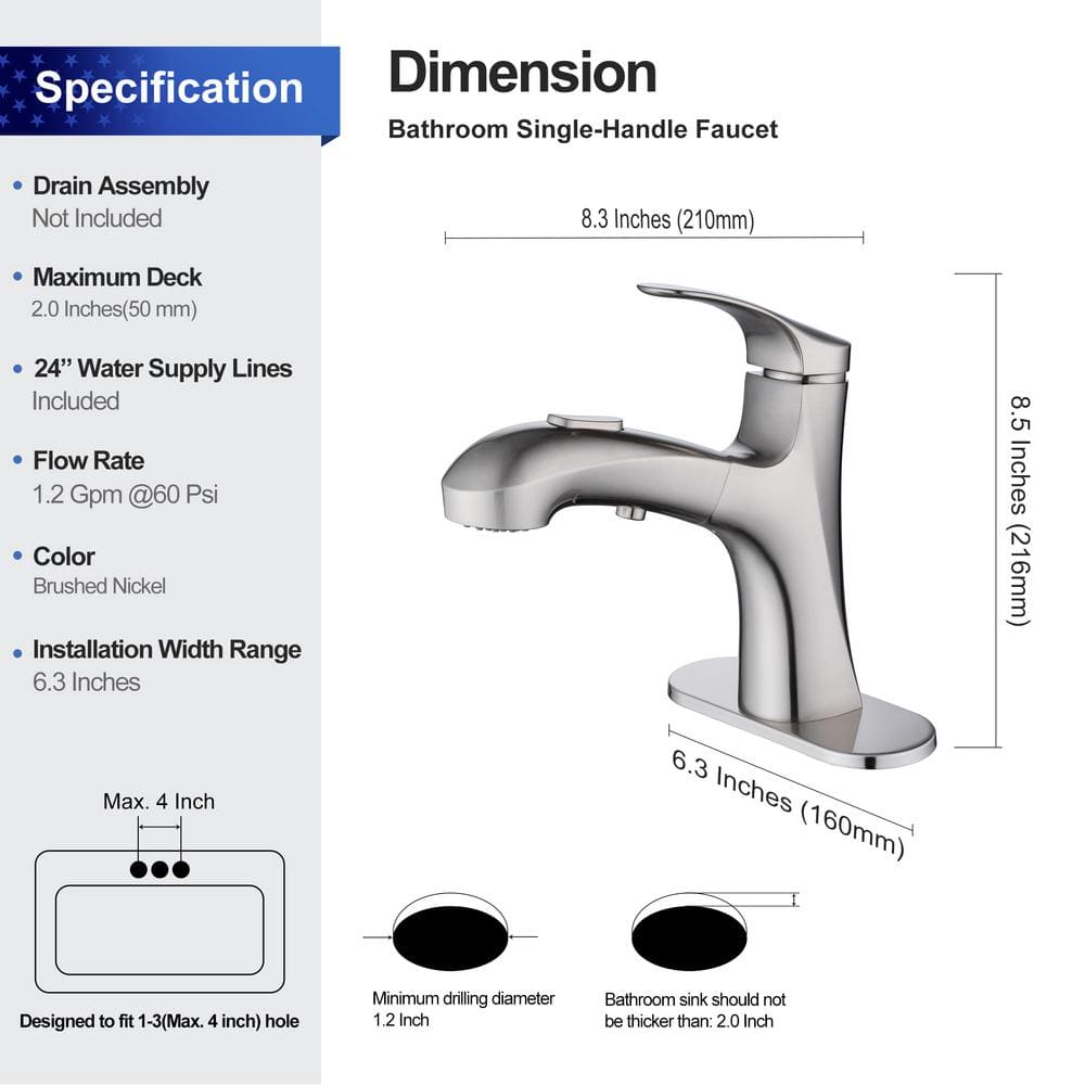 Single-Handle Single-Hole Pull Out Sprayer Bahtroom Faucet with Deckplate and Supply Lines included